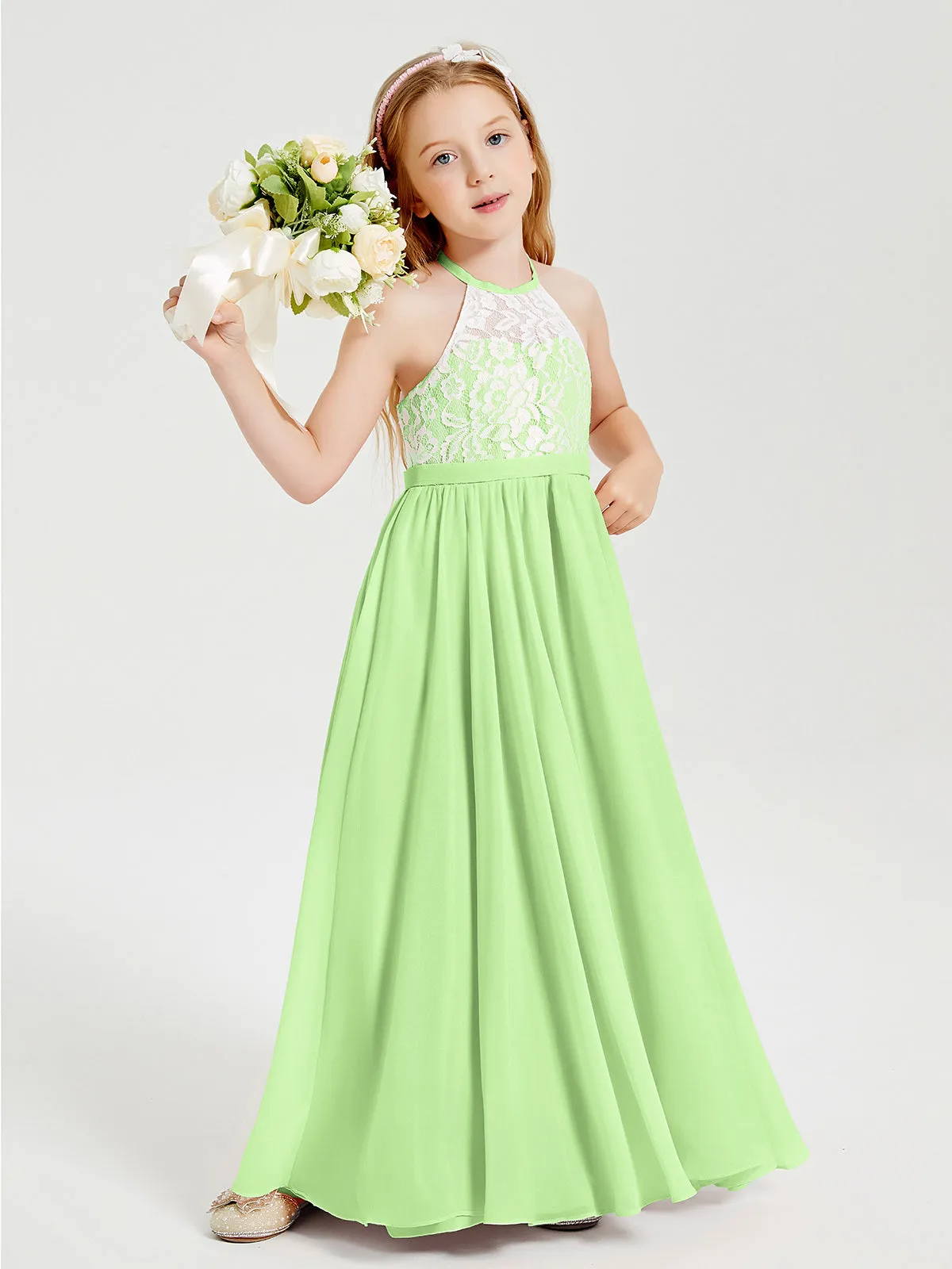 Long Chiffon Bridesmaid Dresses Lace Top Sage