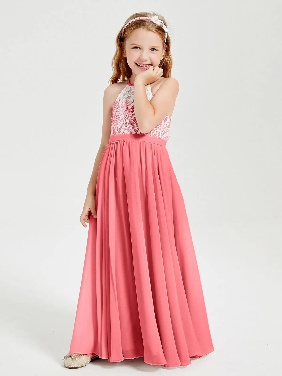 Long Chiffon Bridesmaid Dresses Lace Top Watermelon