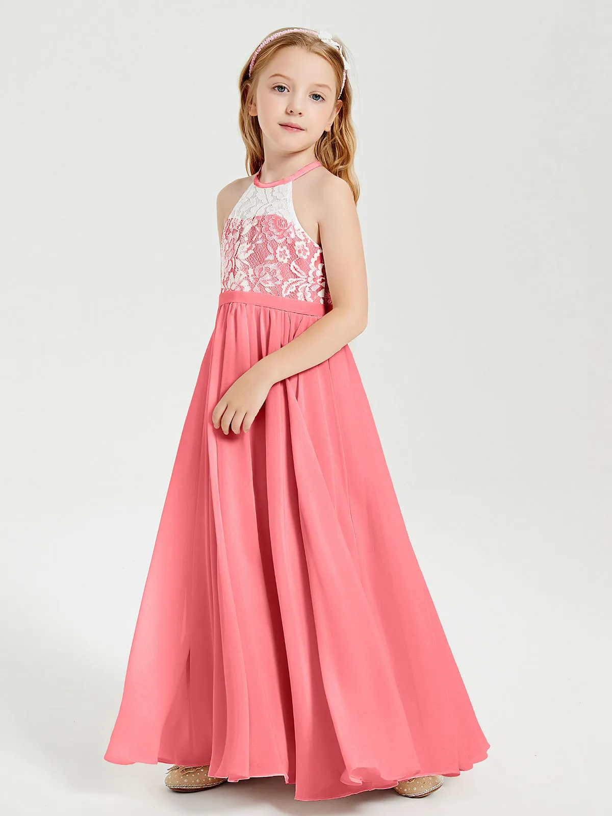 Long Chiffon Bridesmaid Dresses Lace Top Watermelon