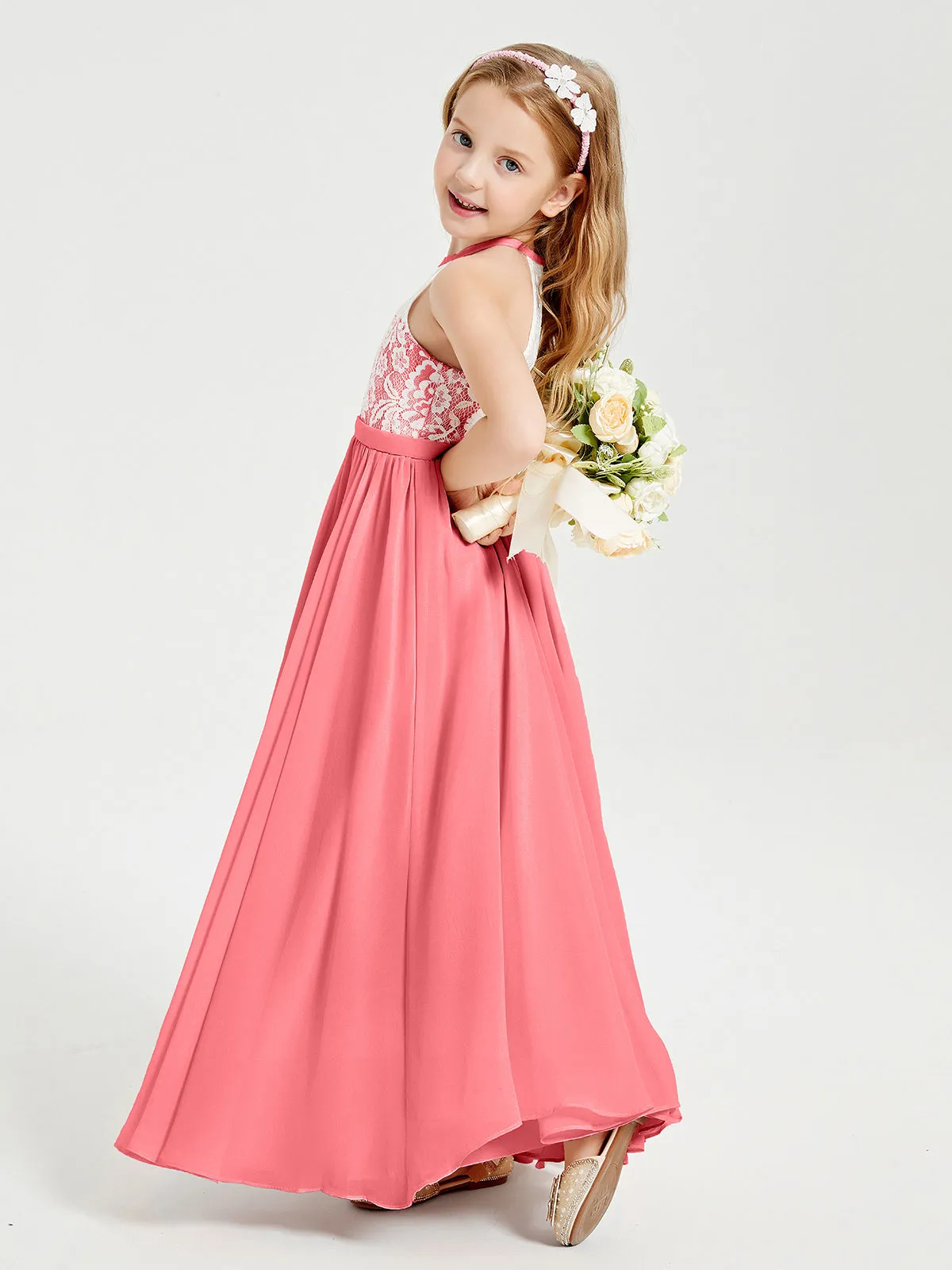 Long Chiffon Bridesmaid Dresses Lace Top Watermelon