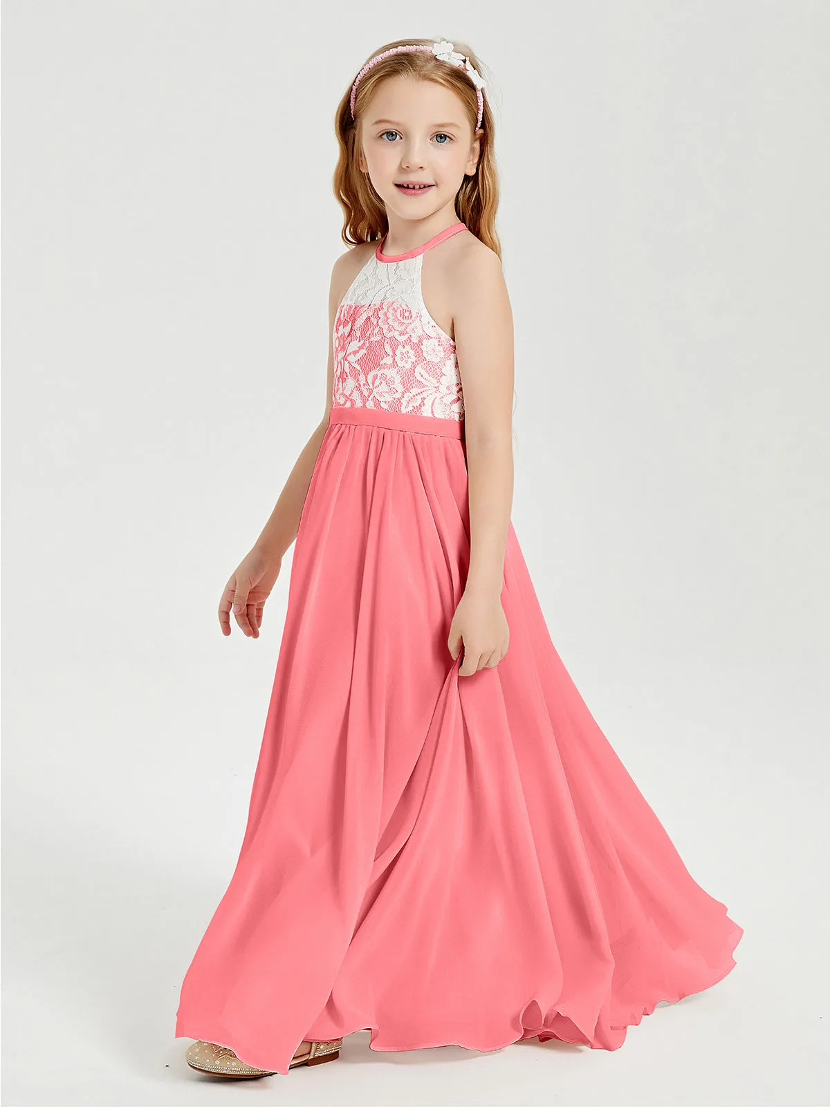 Long Chiffon Bridesmaid Dresses Lace Top Watermelon