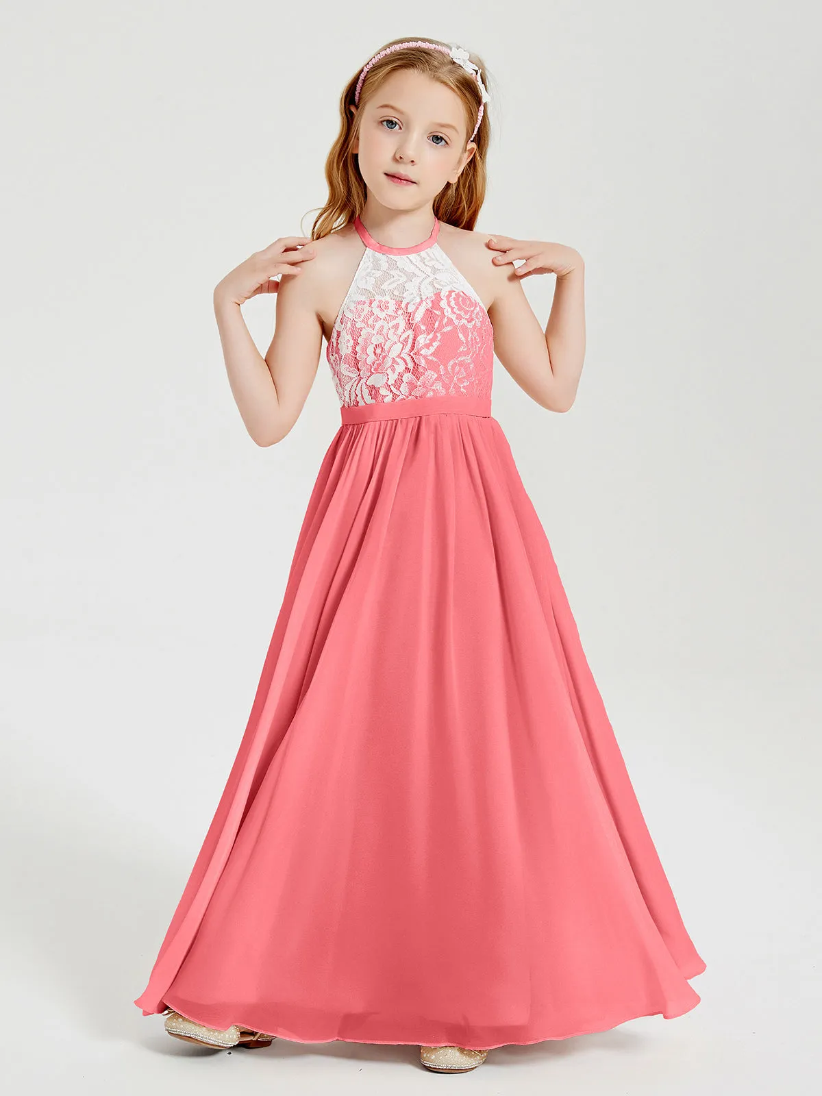 Long Chiffon Bridesmaid Dresses Lace Top Watermelon