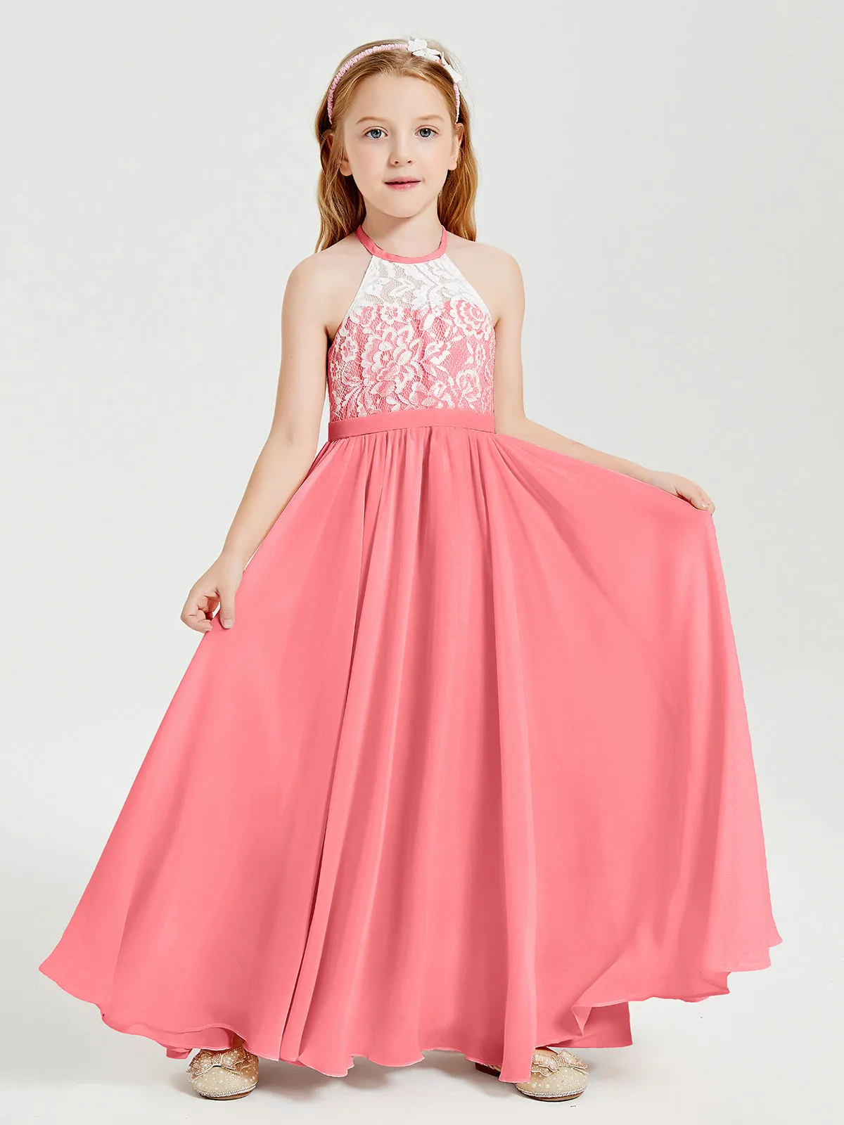 Long Chiffon Bridesmaid Dresses Lace Top Watermelon