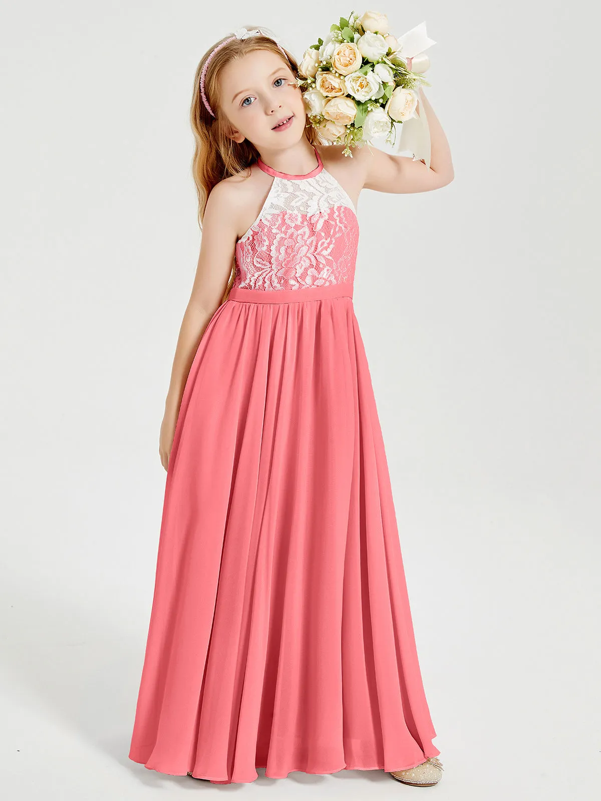 Long Chiffon Bridesmaid Dresses Lace Top Watermelon