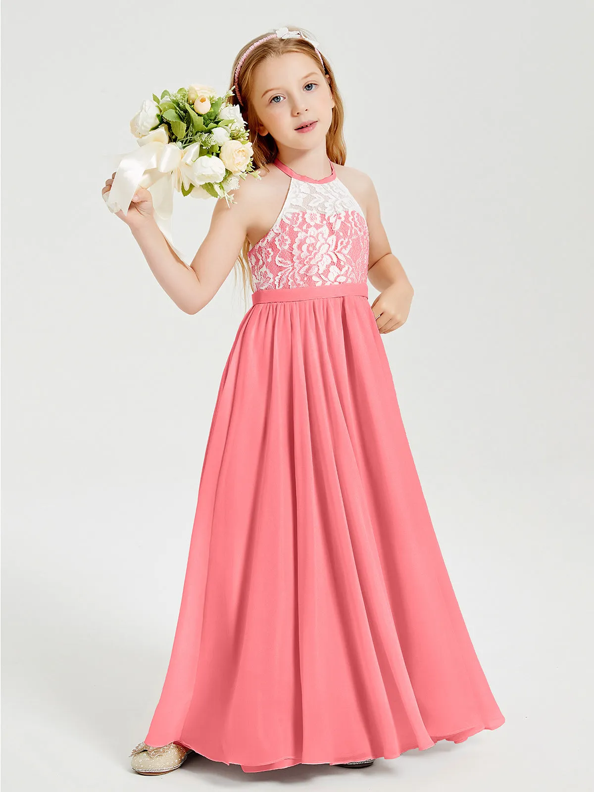 Long Chiffon Bridesmaid Dresses Lace Top Watermelon