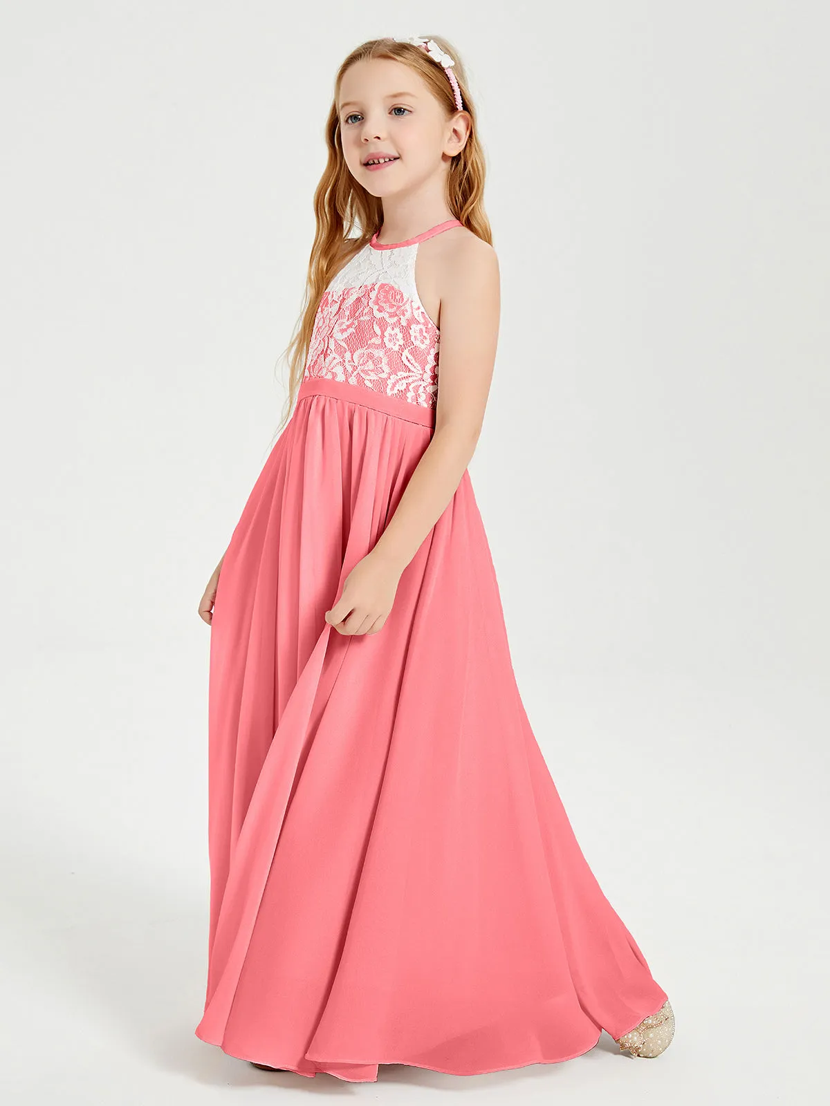 Long Chiffon Bridesmaid Dresses Lace Top Watermelon