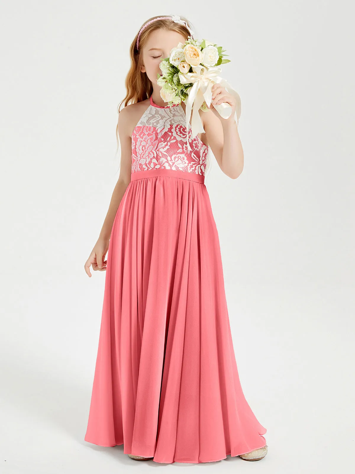 Long Chiffon Bridesmaid Dresses Lace Top Watermelon