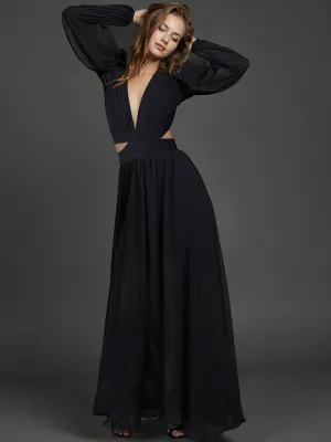 Long Sleeve Pleated Back Cutout Woven Maxi Dress