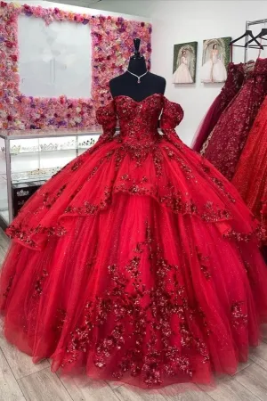 Long Sleeves Sweetheart Off The Shoulder Red Quinceanera Dresses