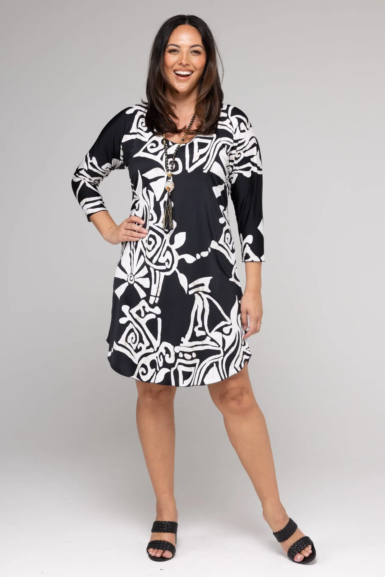 Maori Print 3/4 Sleeve Jersey Shift Dress