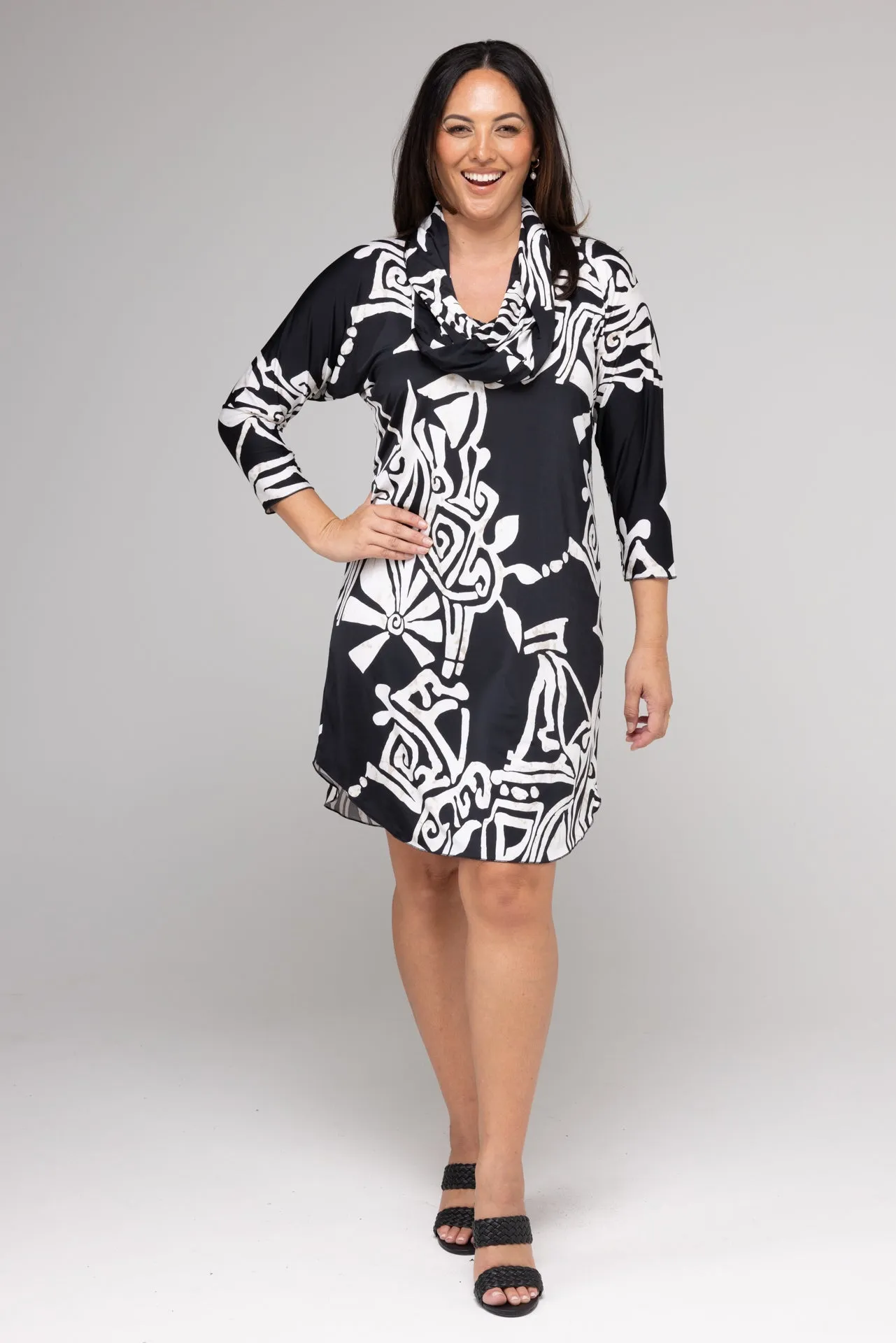 Maori Print 3/4 Sleeve Jersey Shift Dress