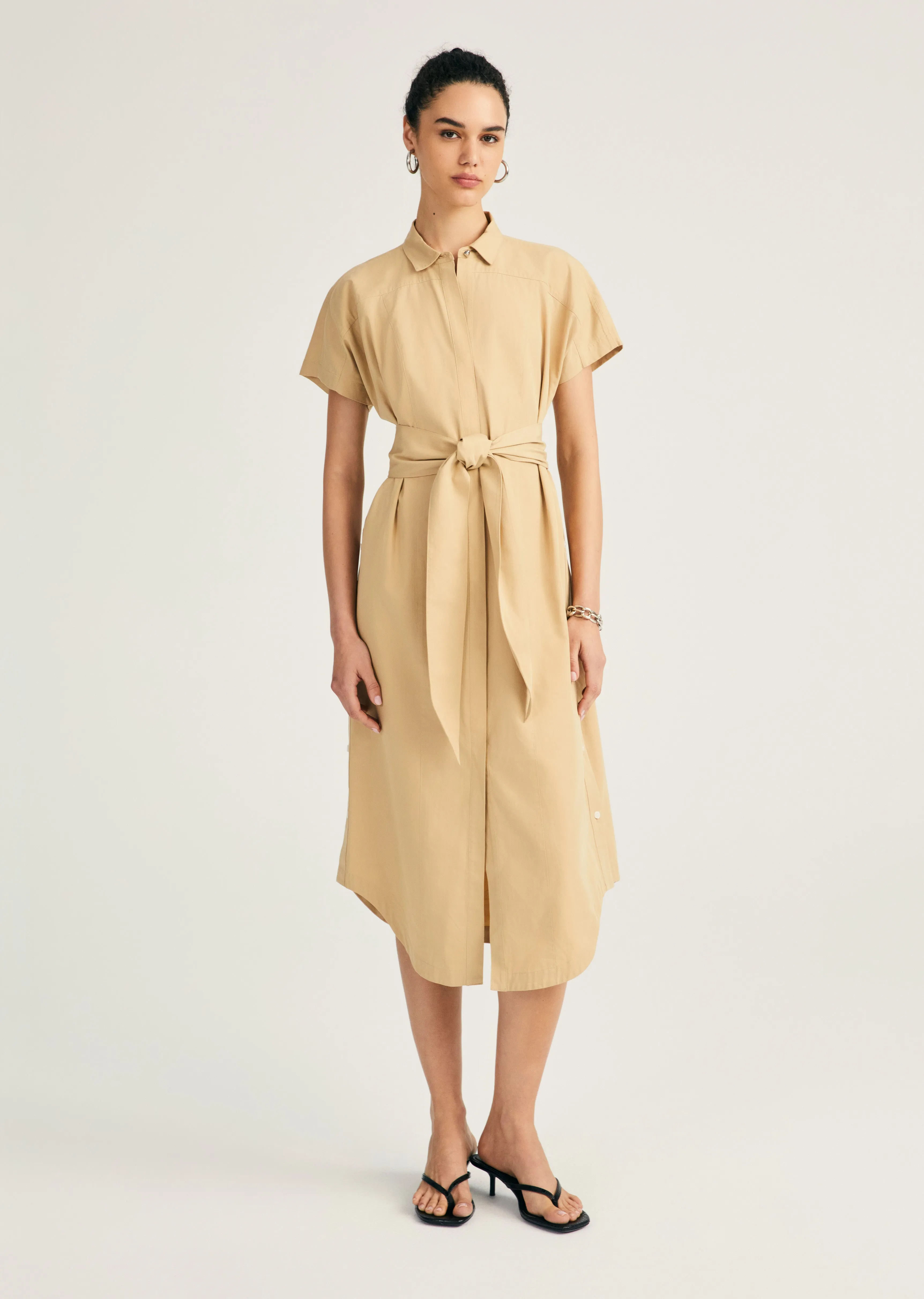 Mikala Short Sleeve Belted Shirt Dress - Toffee