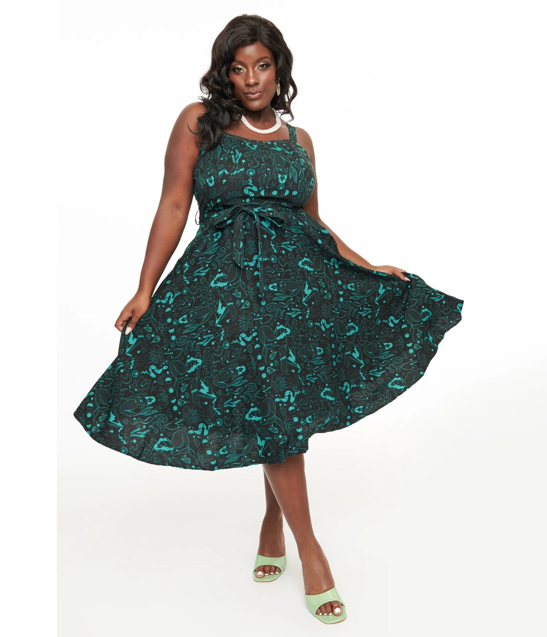 Miss Lulo Plus Size 1950s Teal Sea Witch Print Lori Swing Dress