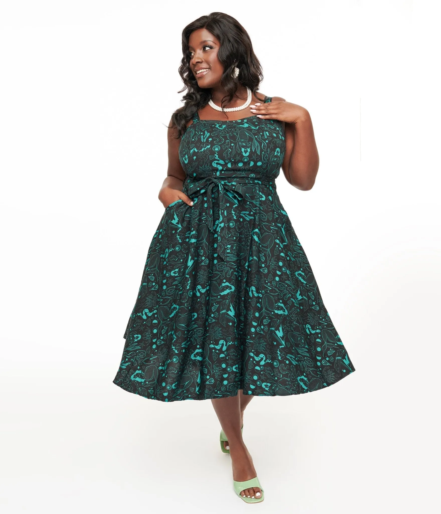 Miss Lulo Plus Size 1950s Teal Sea Witch Print Lori Swing Dress