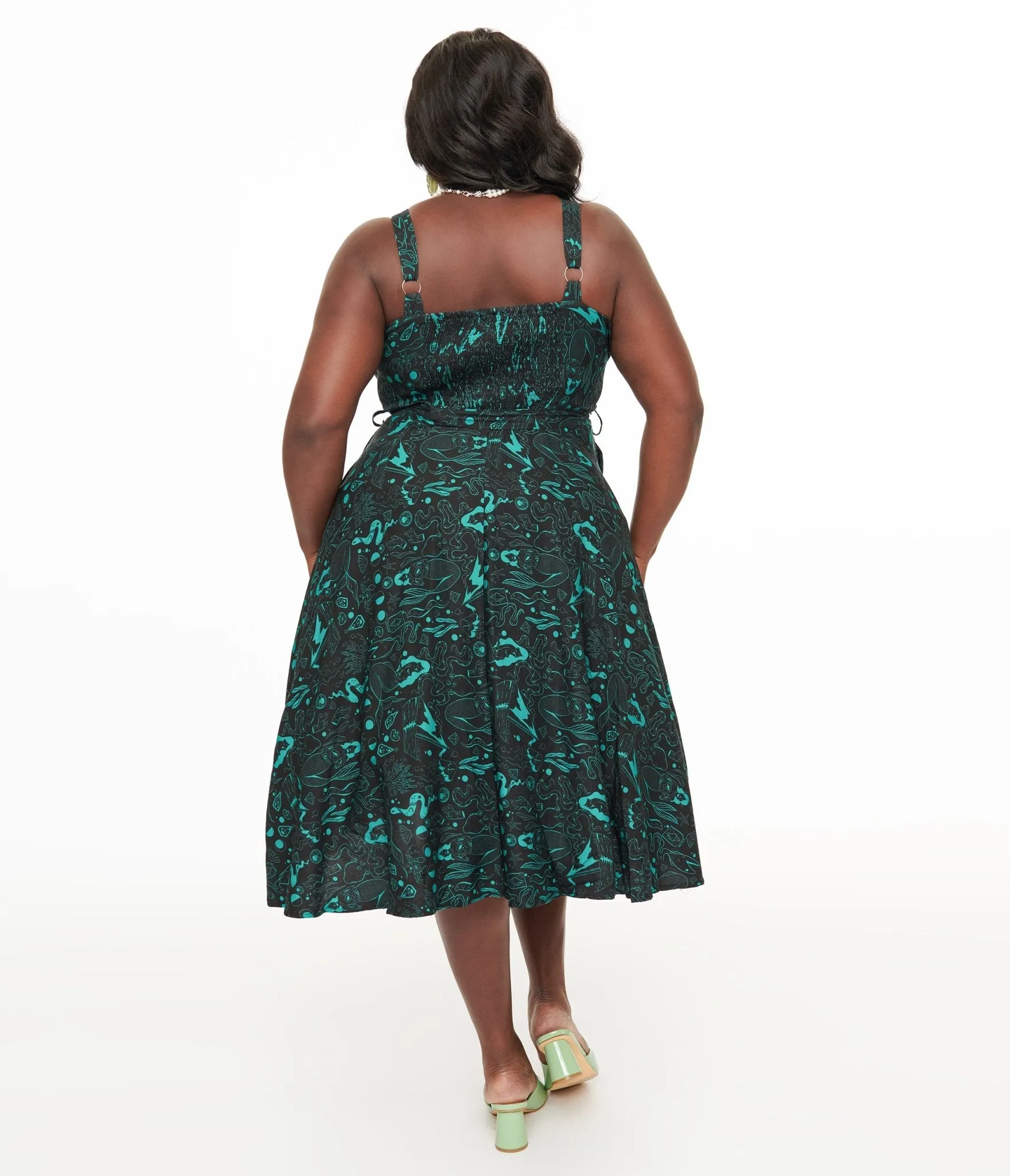 Miss Lulo Plus Size 1950s Teal Sea Witch Print Lori Swing Dress