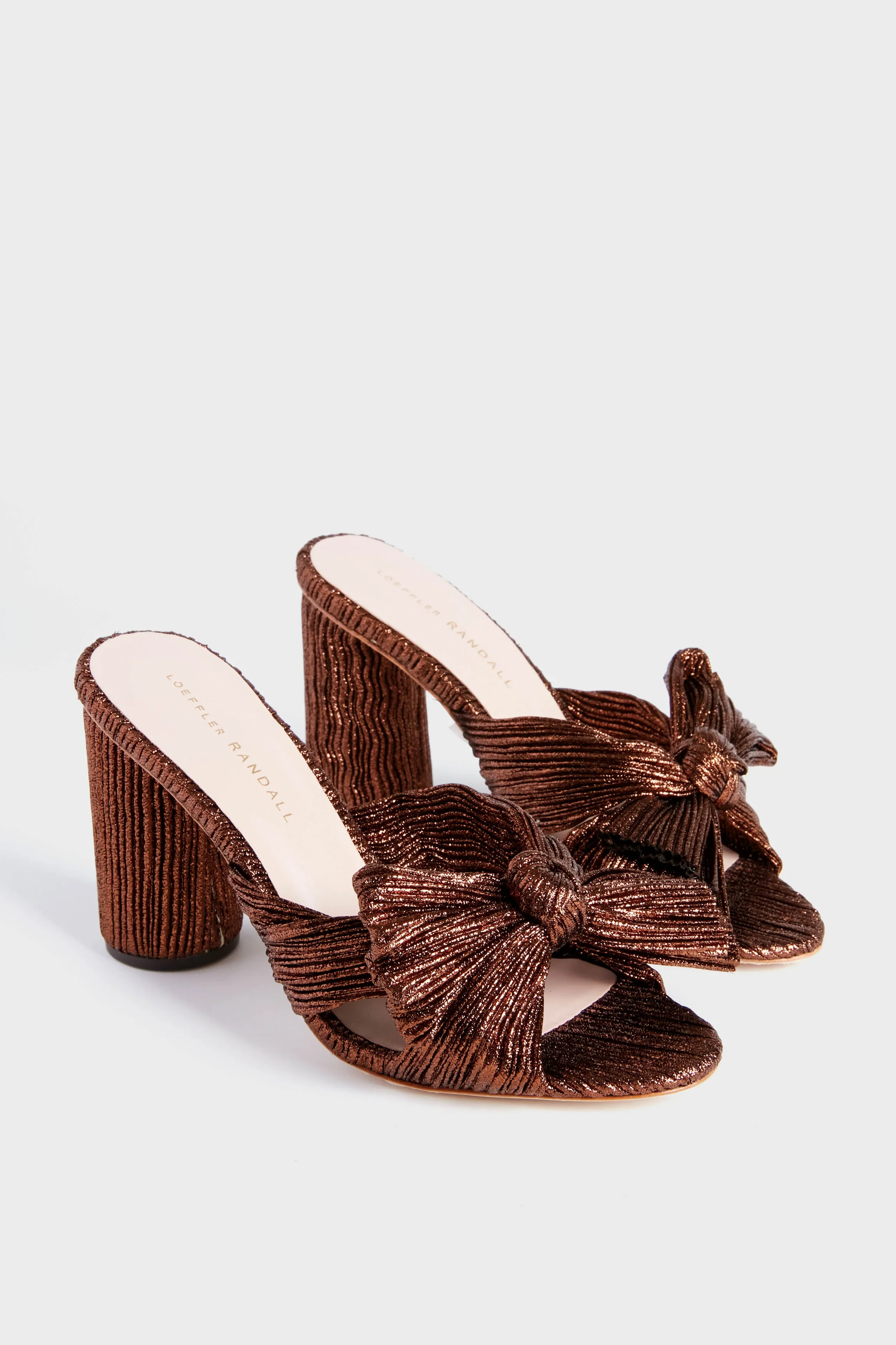 Mocha Lame Penny Pleated Knot Mules