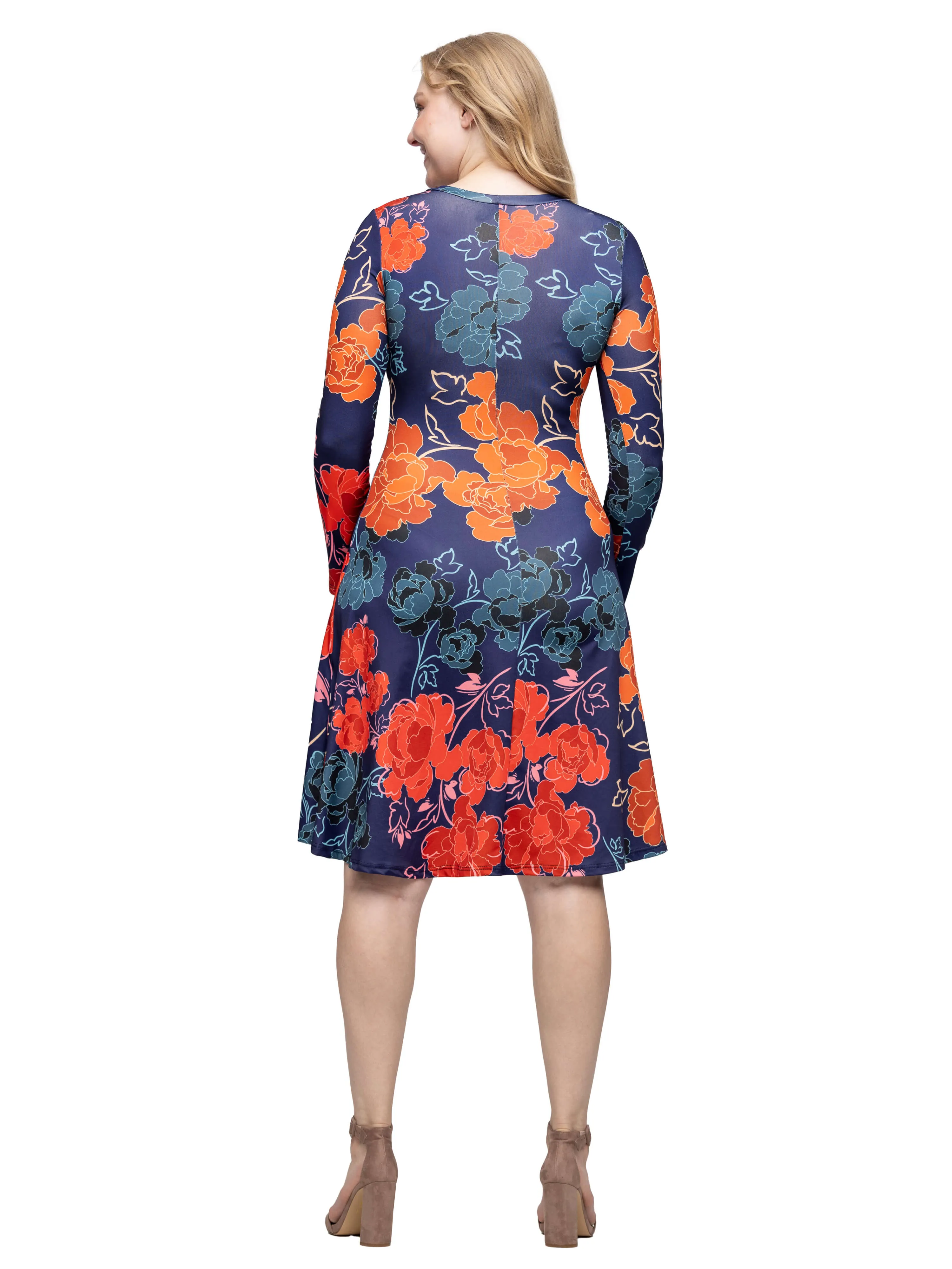 Navy Floral Print Long Sleeve Knee Length Dress