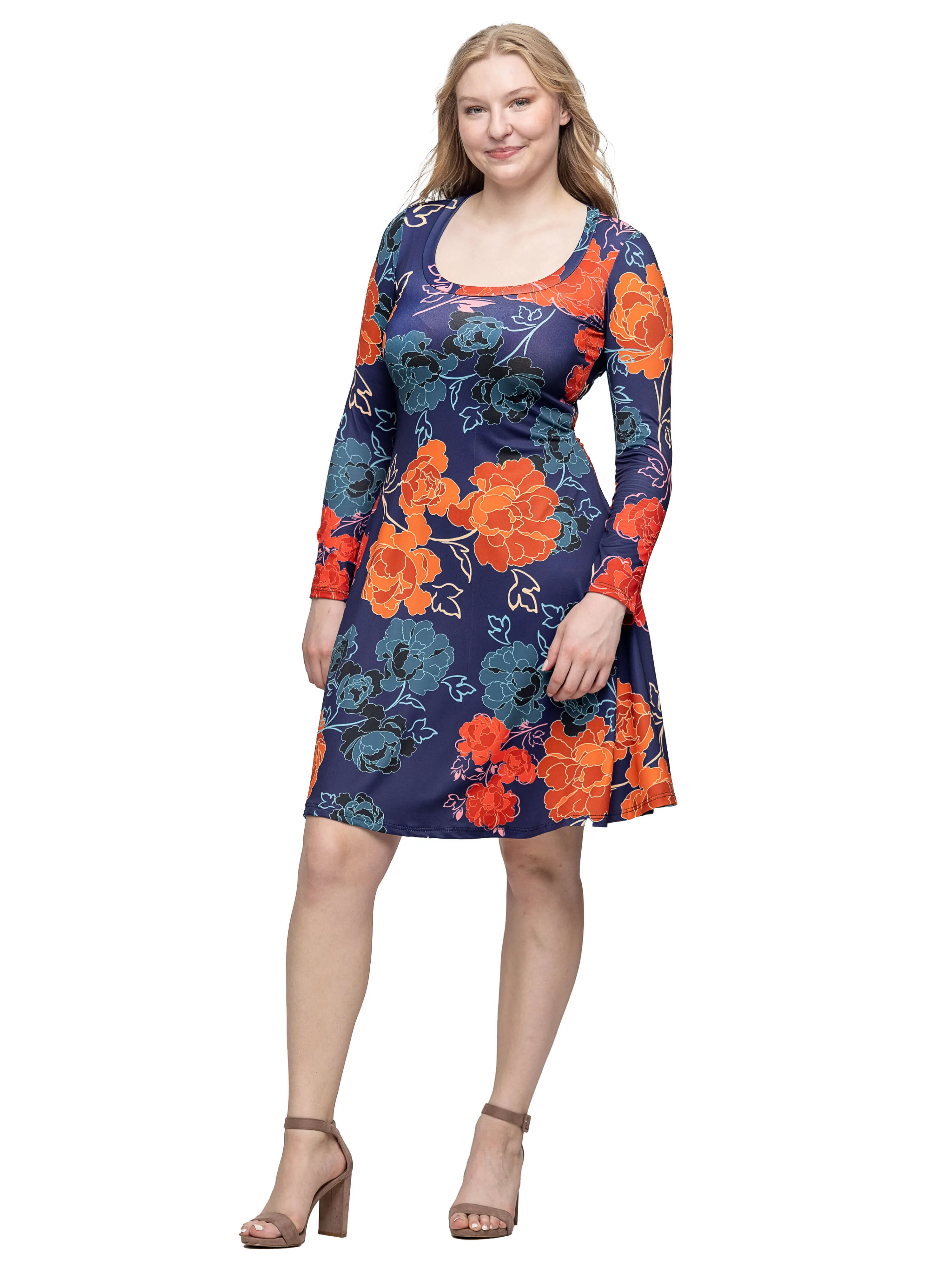 Navy Floral Print Long Sleeve Knee Length Dress