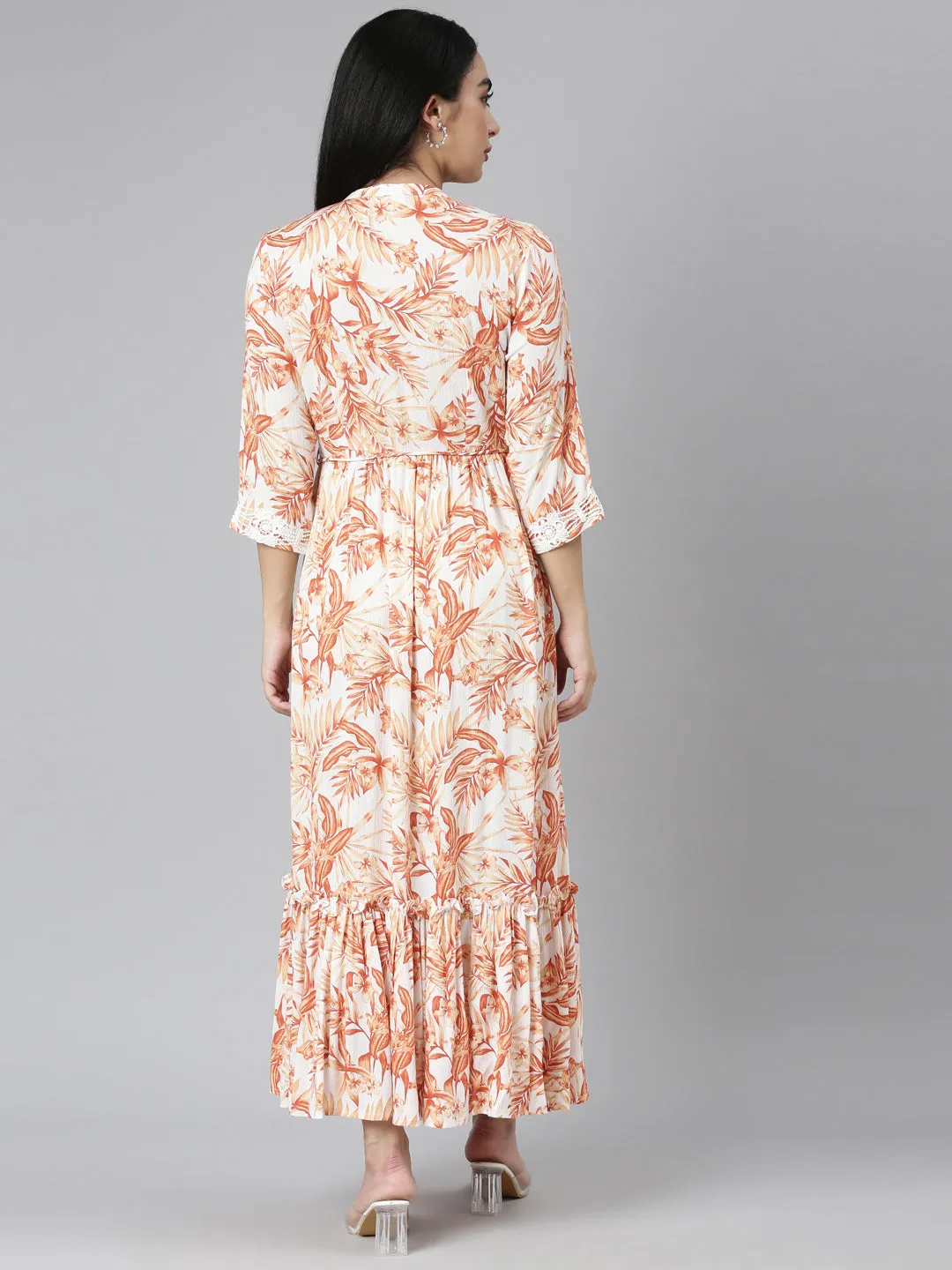 Neerus Orange Flared Casual Floral Maxi Dresses