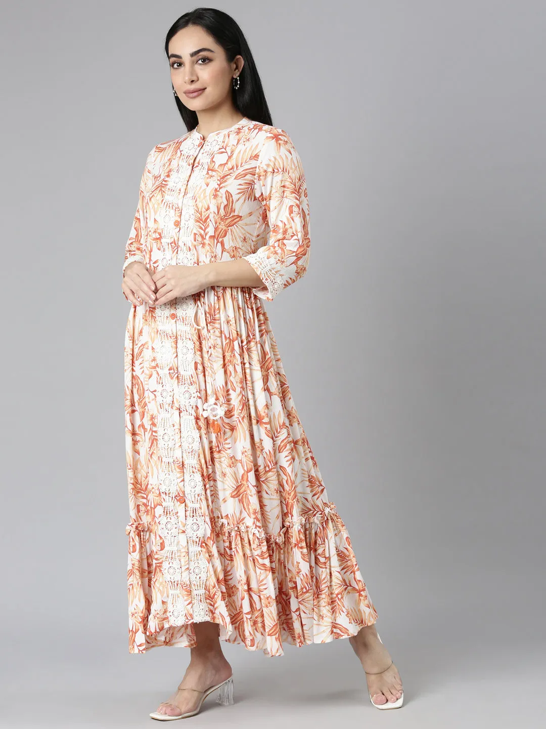 Neerus Orange Flared Casual Floral Maxi Dresses