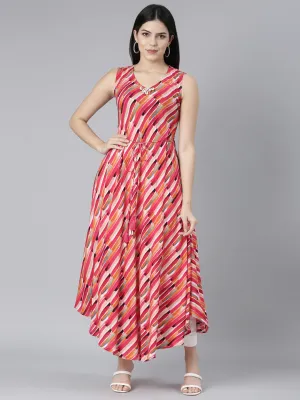 Neerus Pink High-Low Casual Striped Fit and Flare Dresses