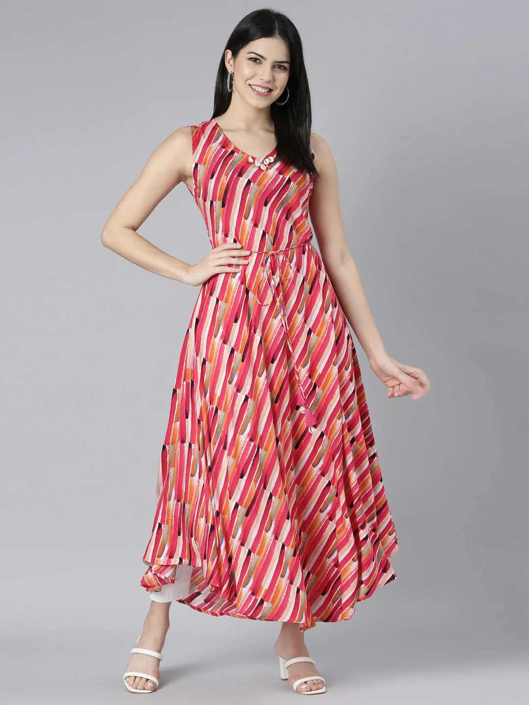 Neerus Pink High-Low Casual Striped Fit and Flare Dresses