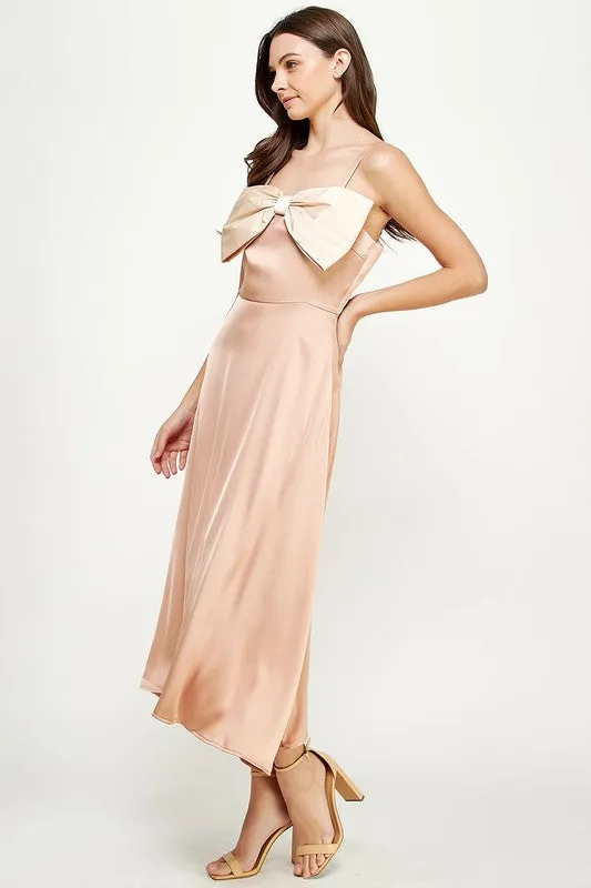 Nude/Champagne Bow Detail Satin Dress