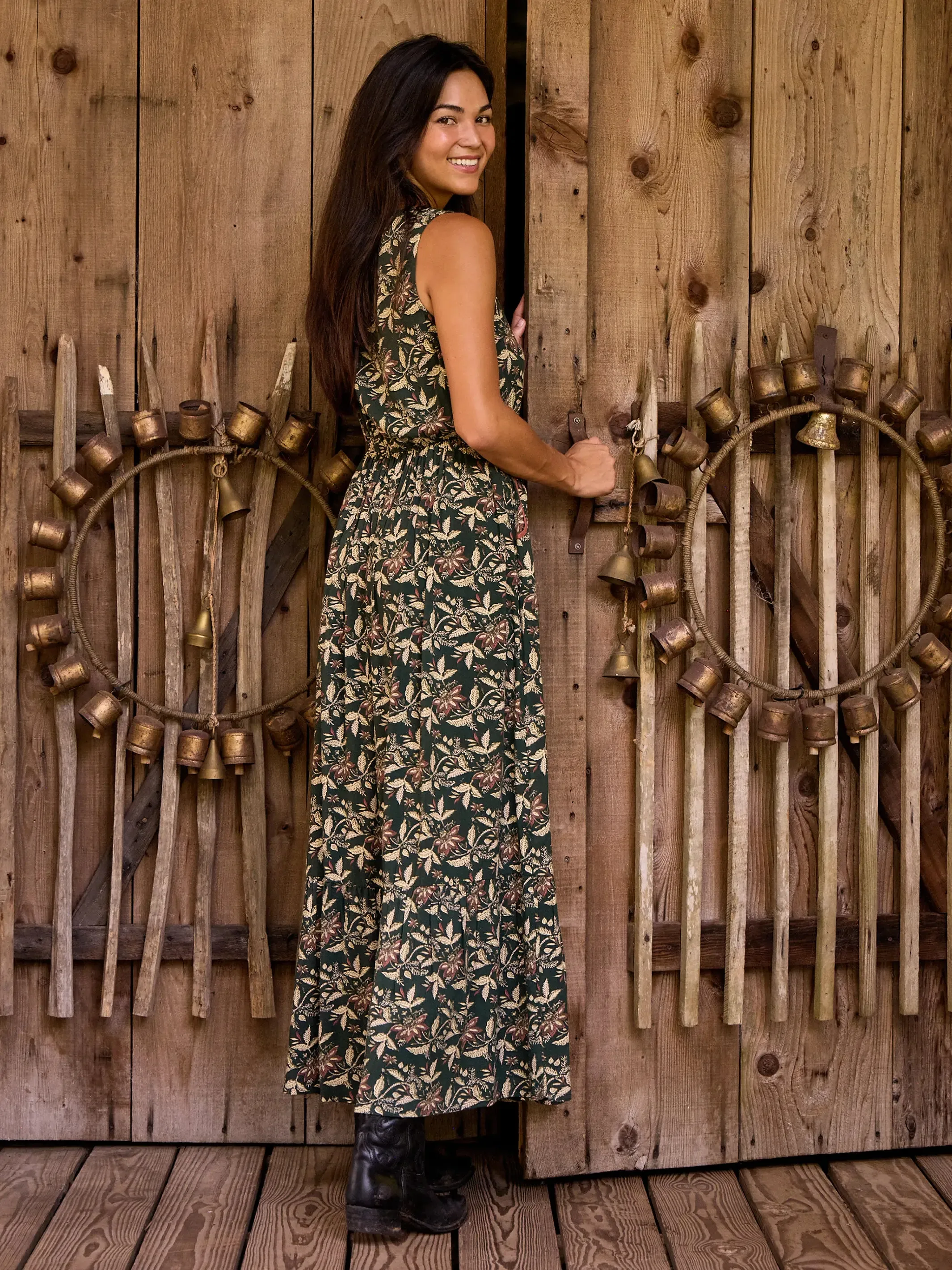 Paige Maxi Dress - Dark Olive Tan Leaf