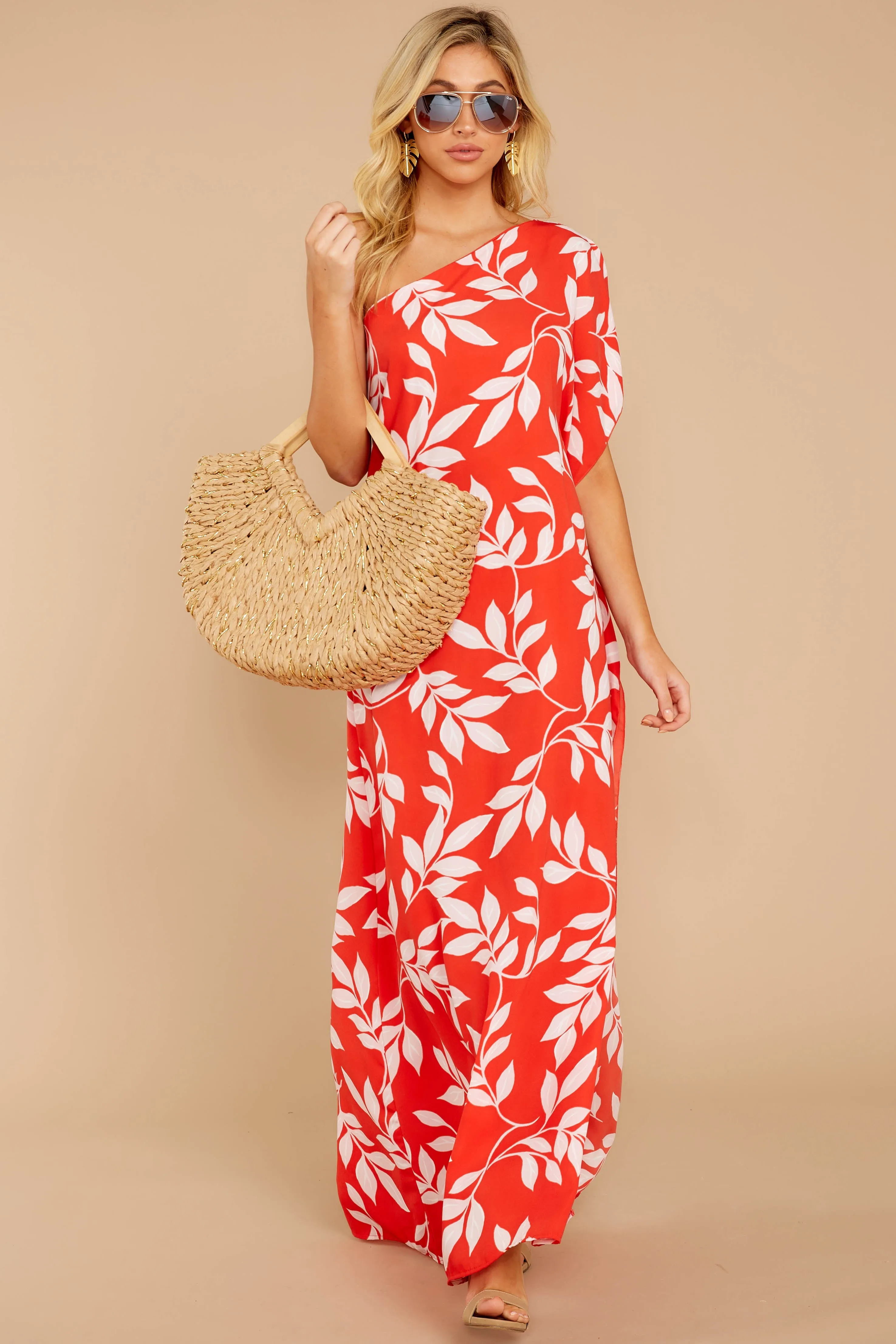 Palm Spring Paradise Coral Orange Print One Shoulder Maxi Dress