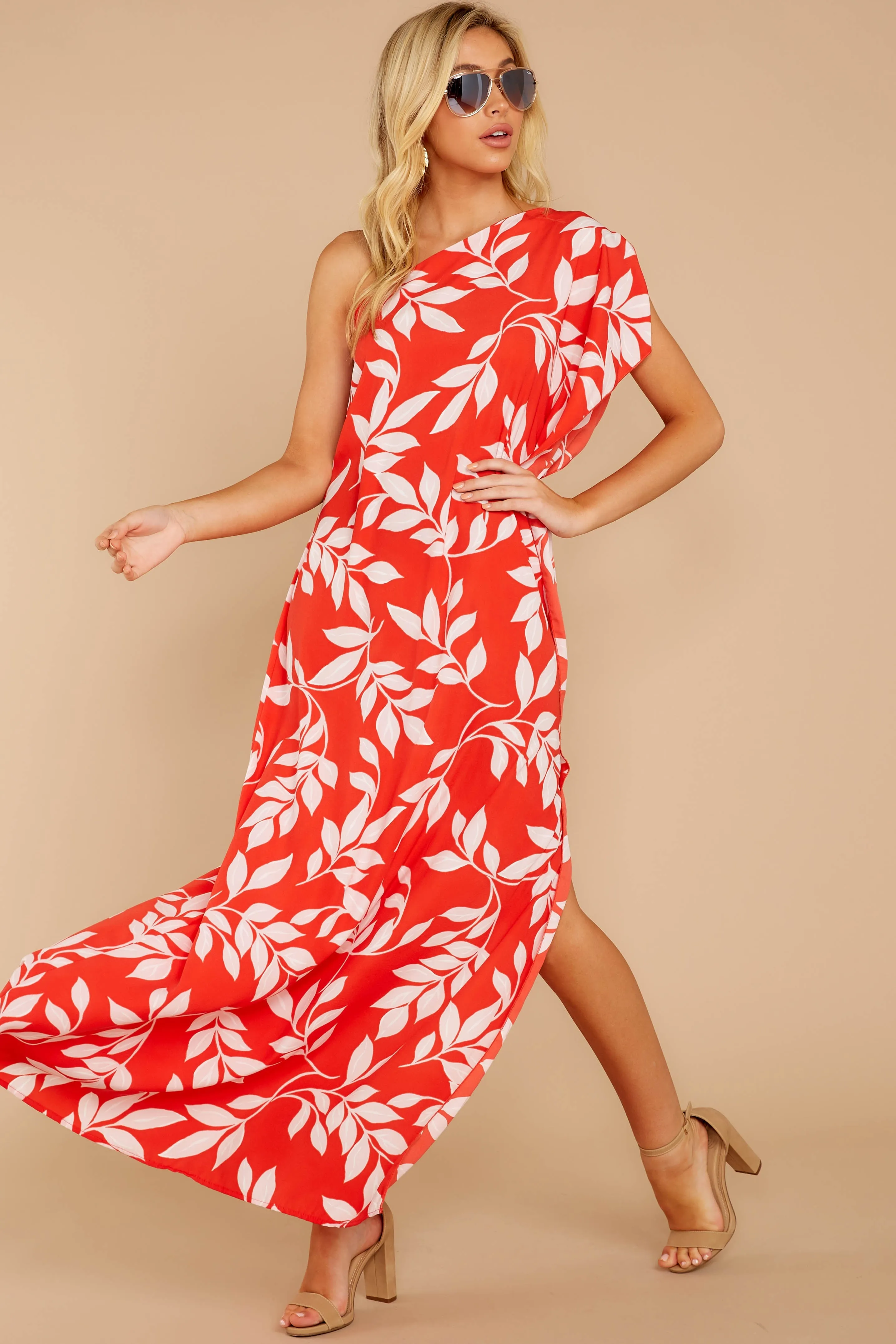 Palm Spring Paradise Coral Orange Print One Shoulder Maxi Dress