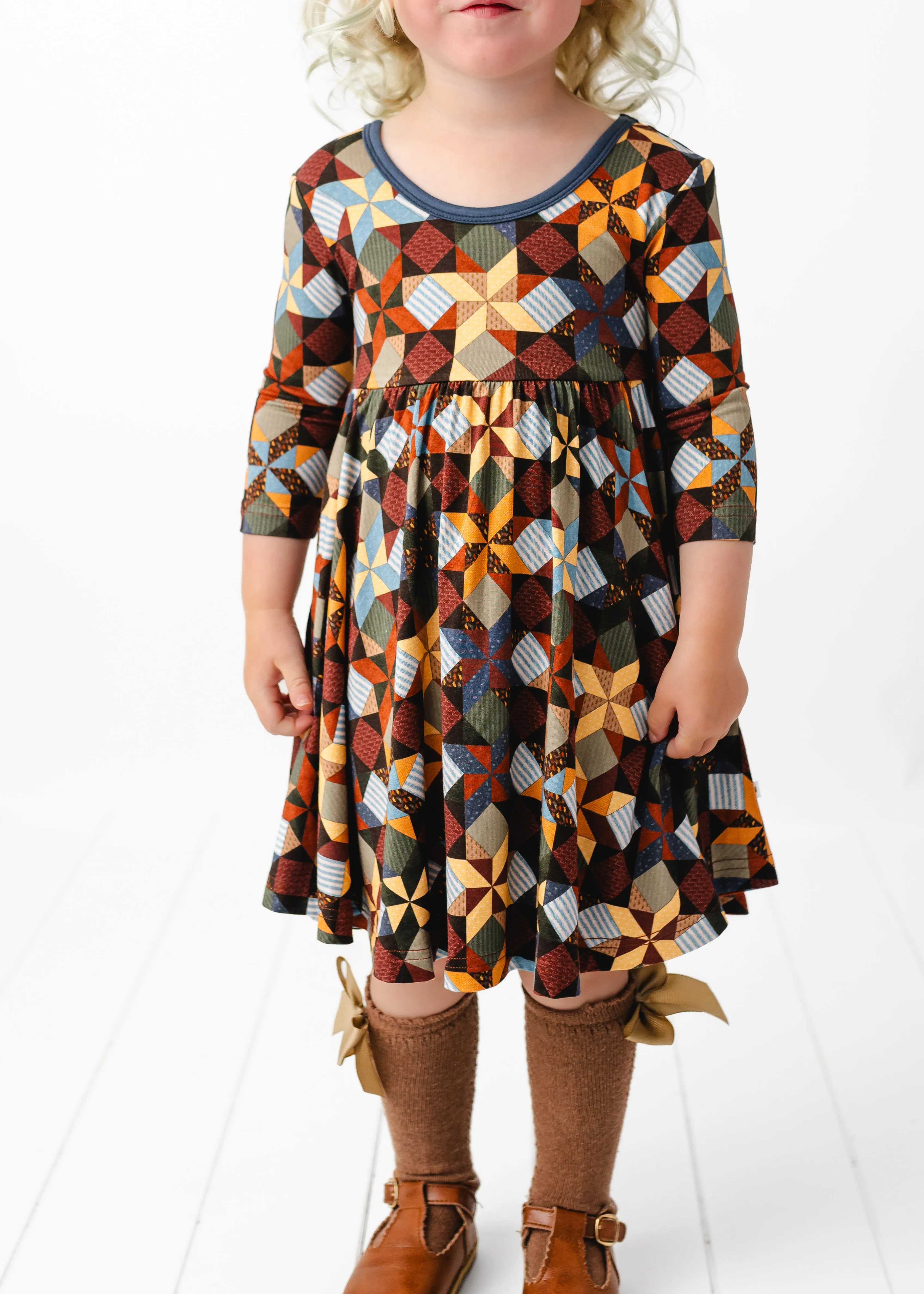 Patchwork Long Sleeve Twirl Dress