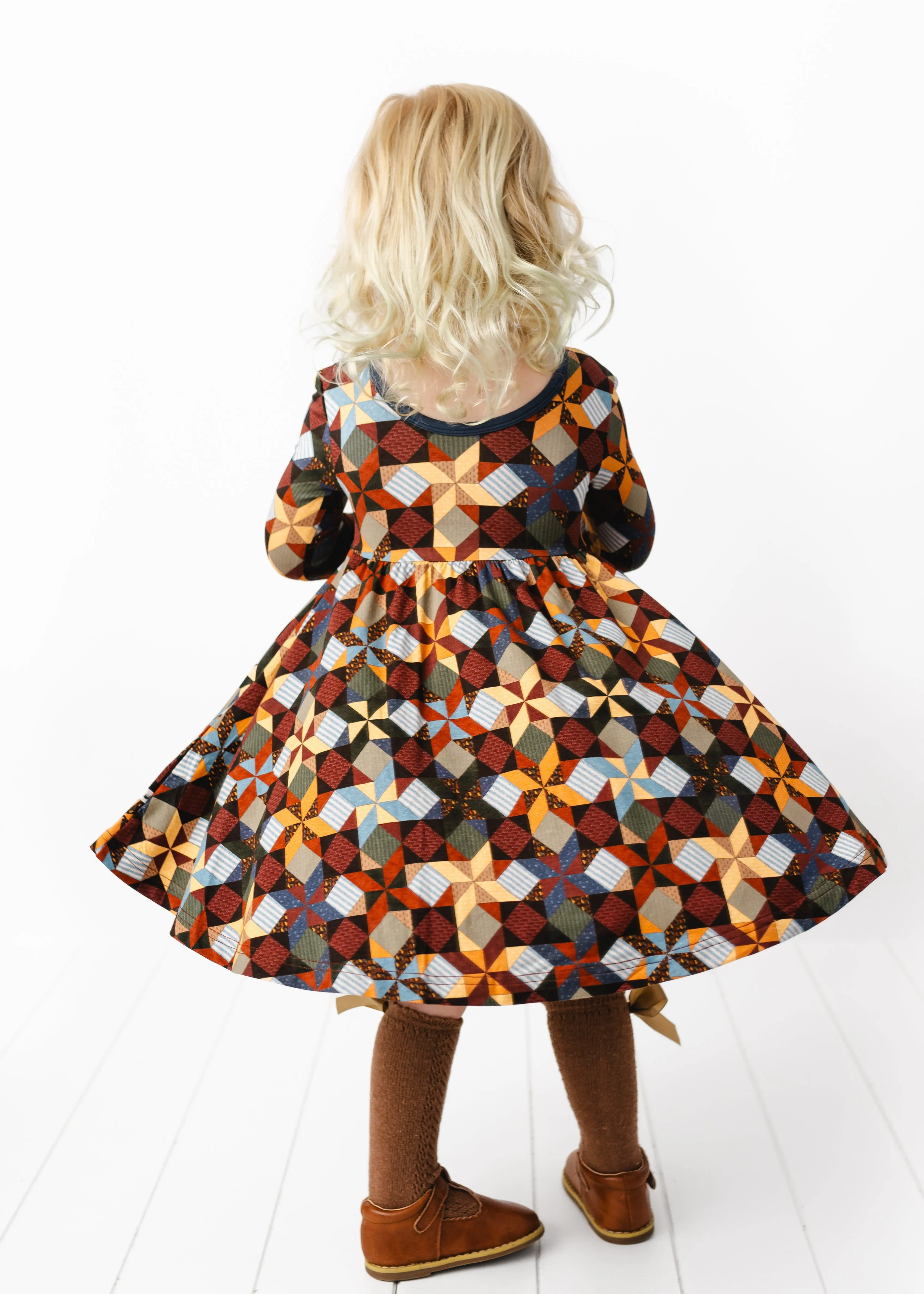 Patchwork Long Sleeve Twirl Dress