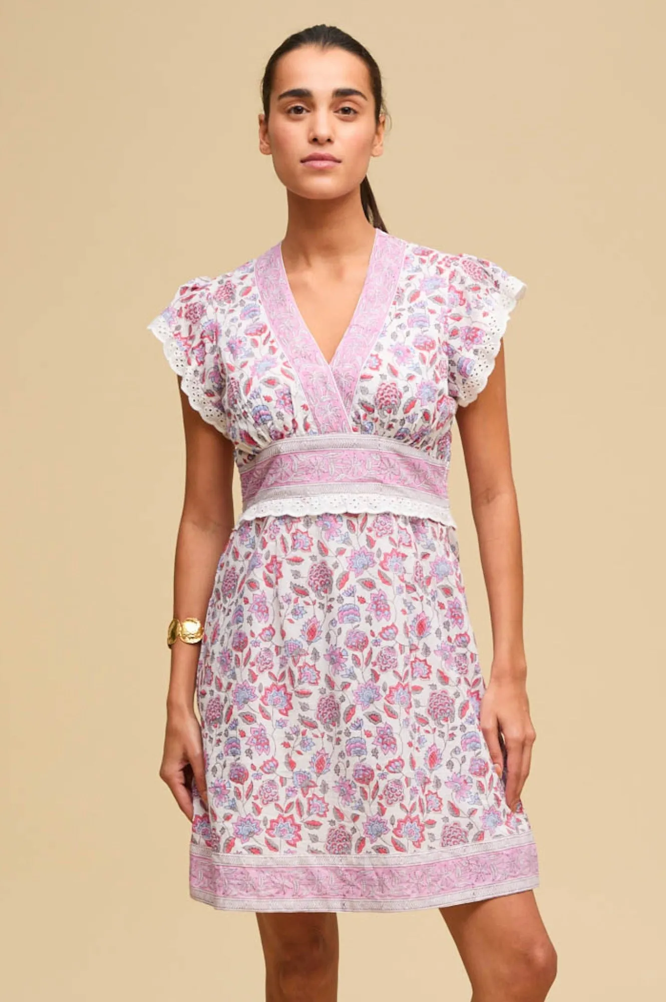 Pippa Block Print Mini Dress | White/Pink