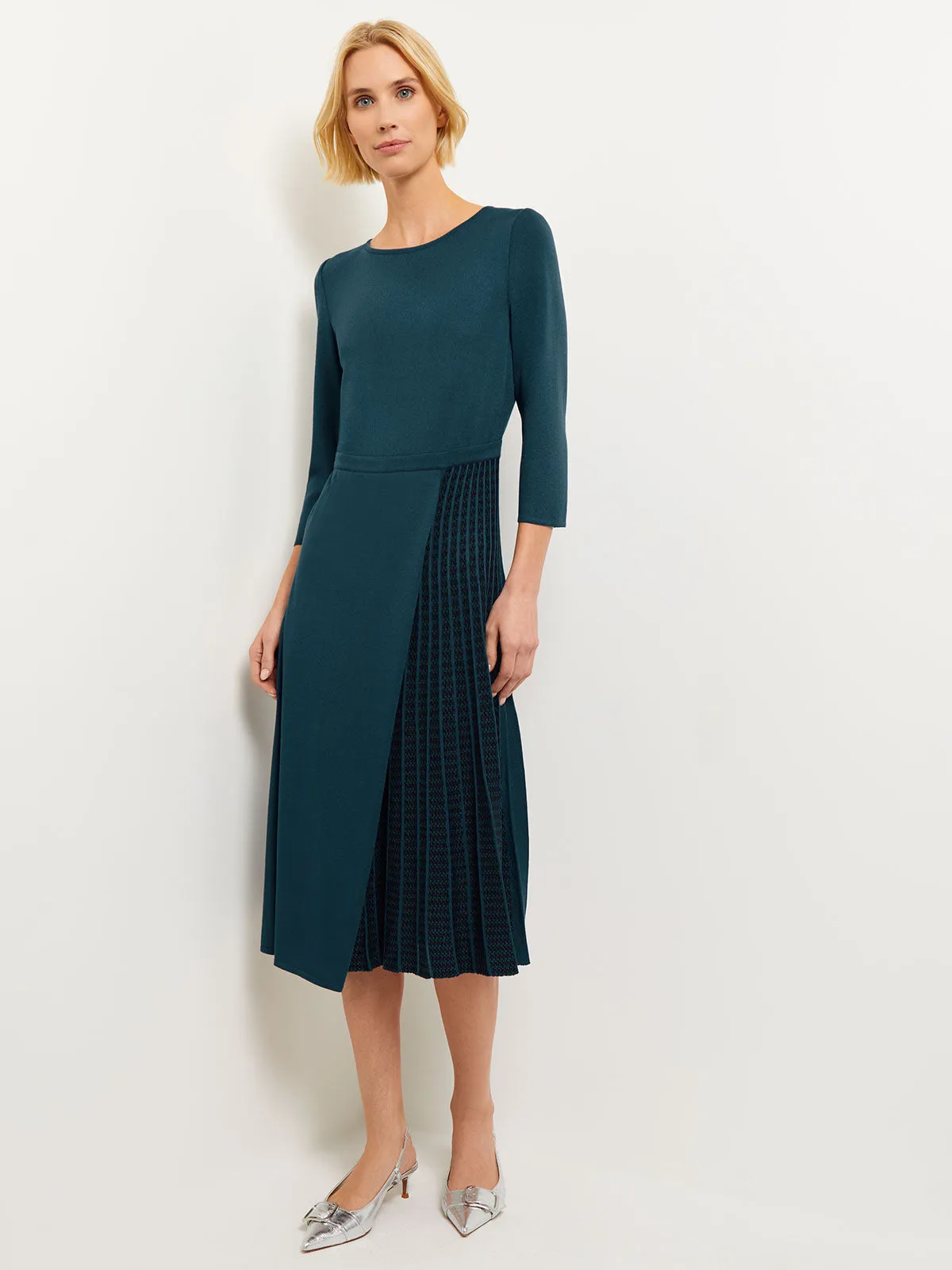 Pleated Contrast Panel Soft Knit Dress, Marine Teal & Black