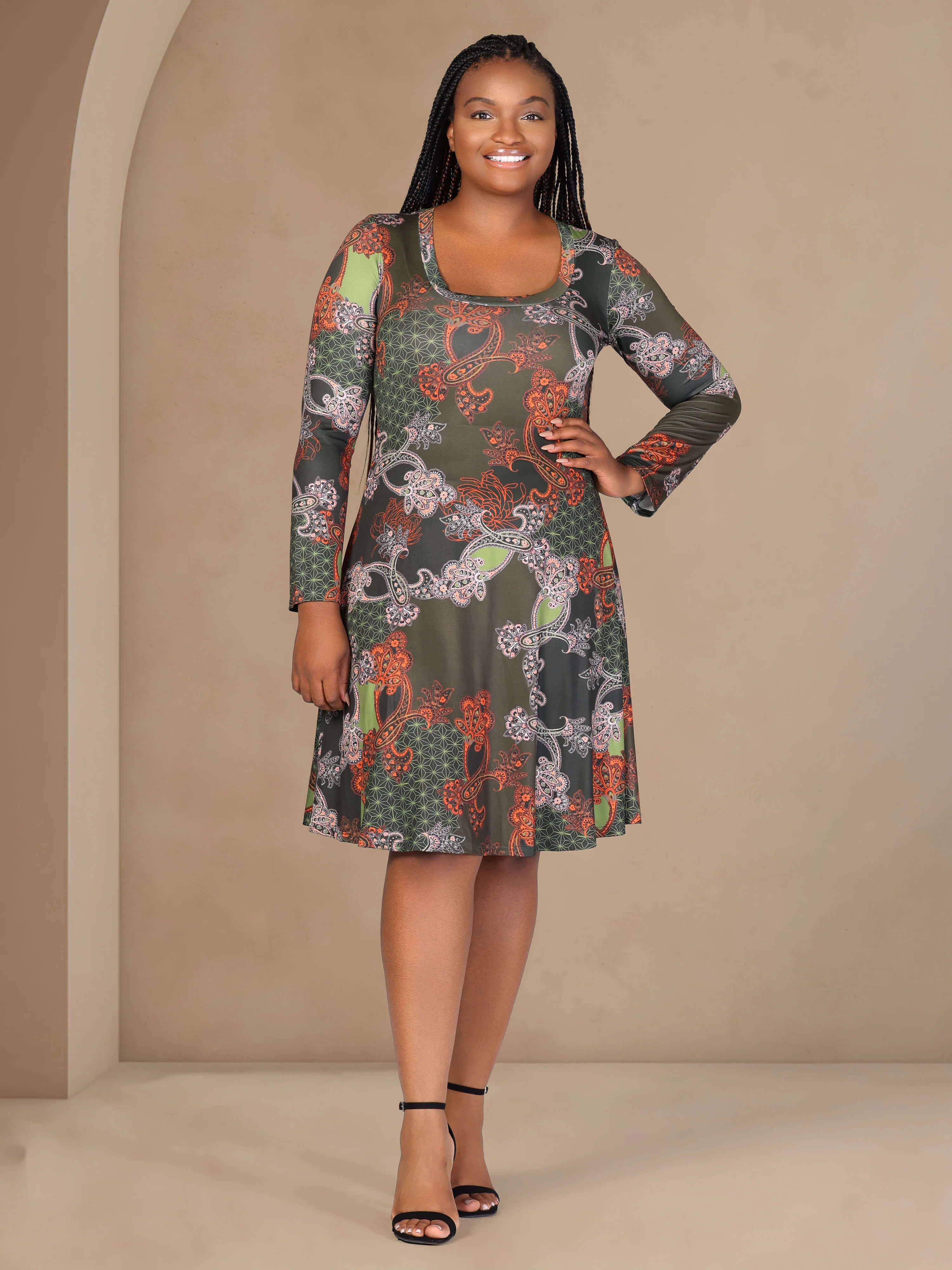 Plus Size Green Paisley Print Long Sleeve Knee Length Dress