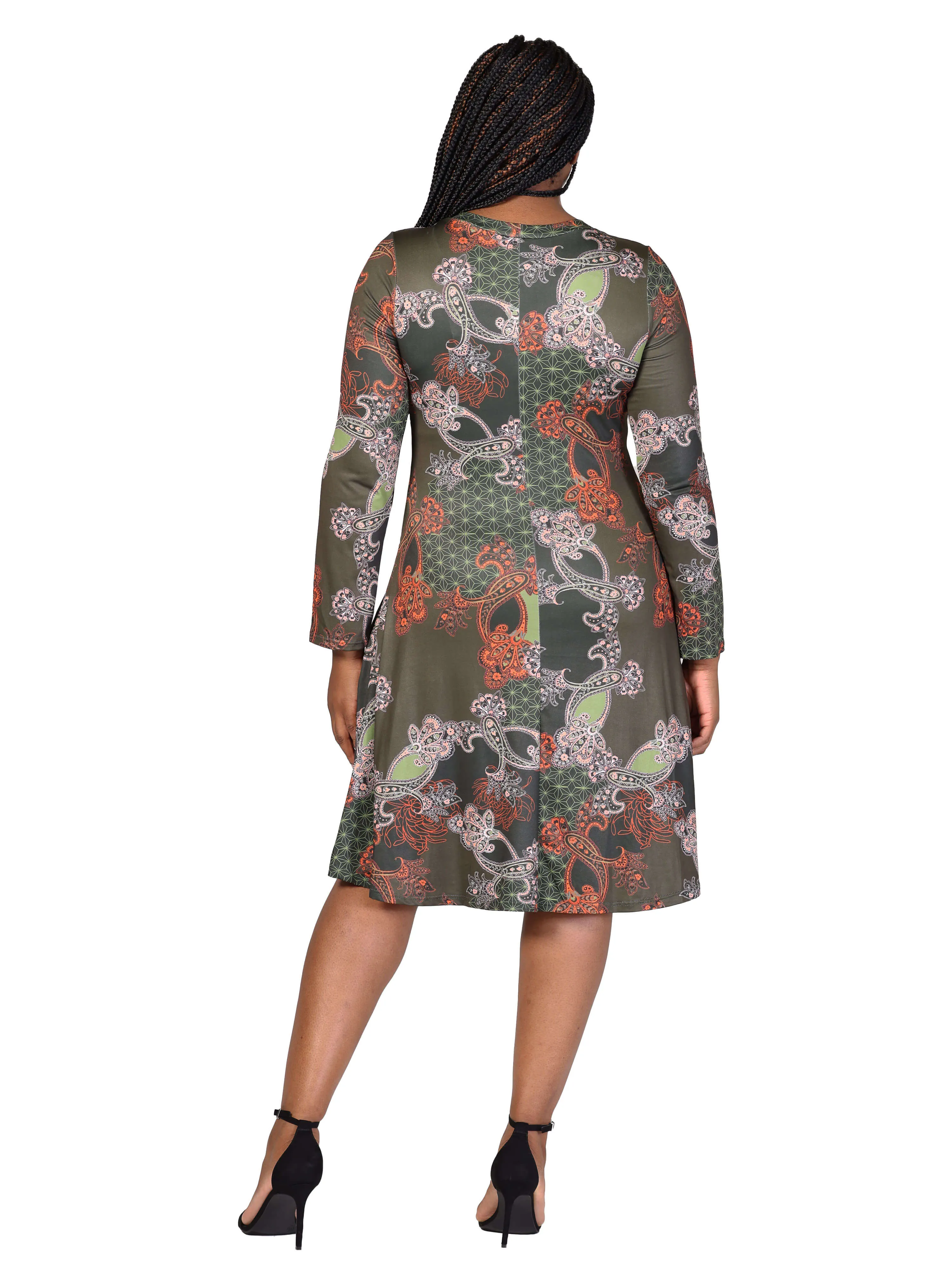 Plus Size Green Paisley Print Long Sleeve Knee Length Dress