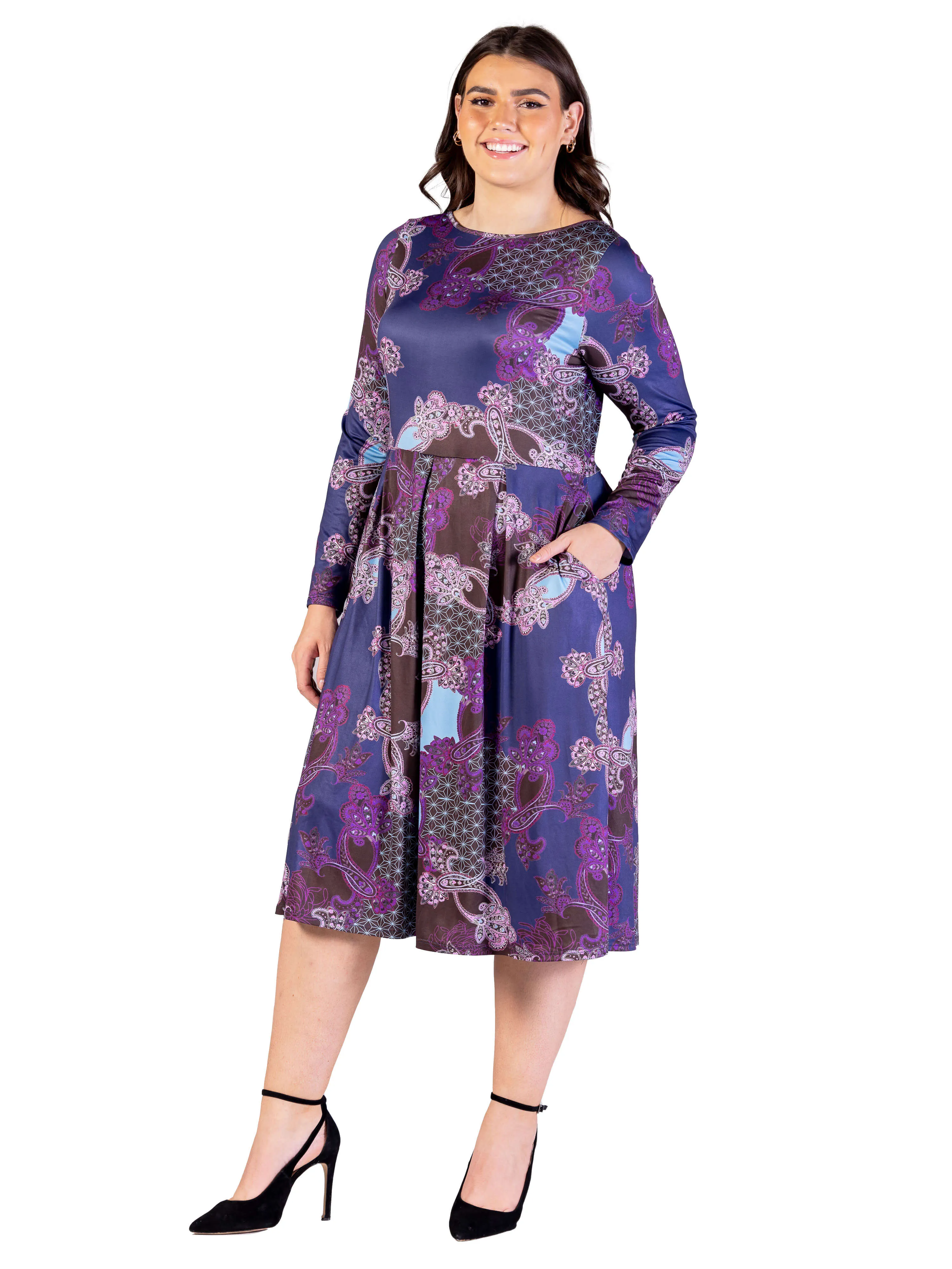 Plus Size Purple Paisley Midi Length Long Sleeve Pocket Dress