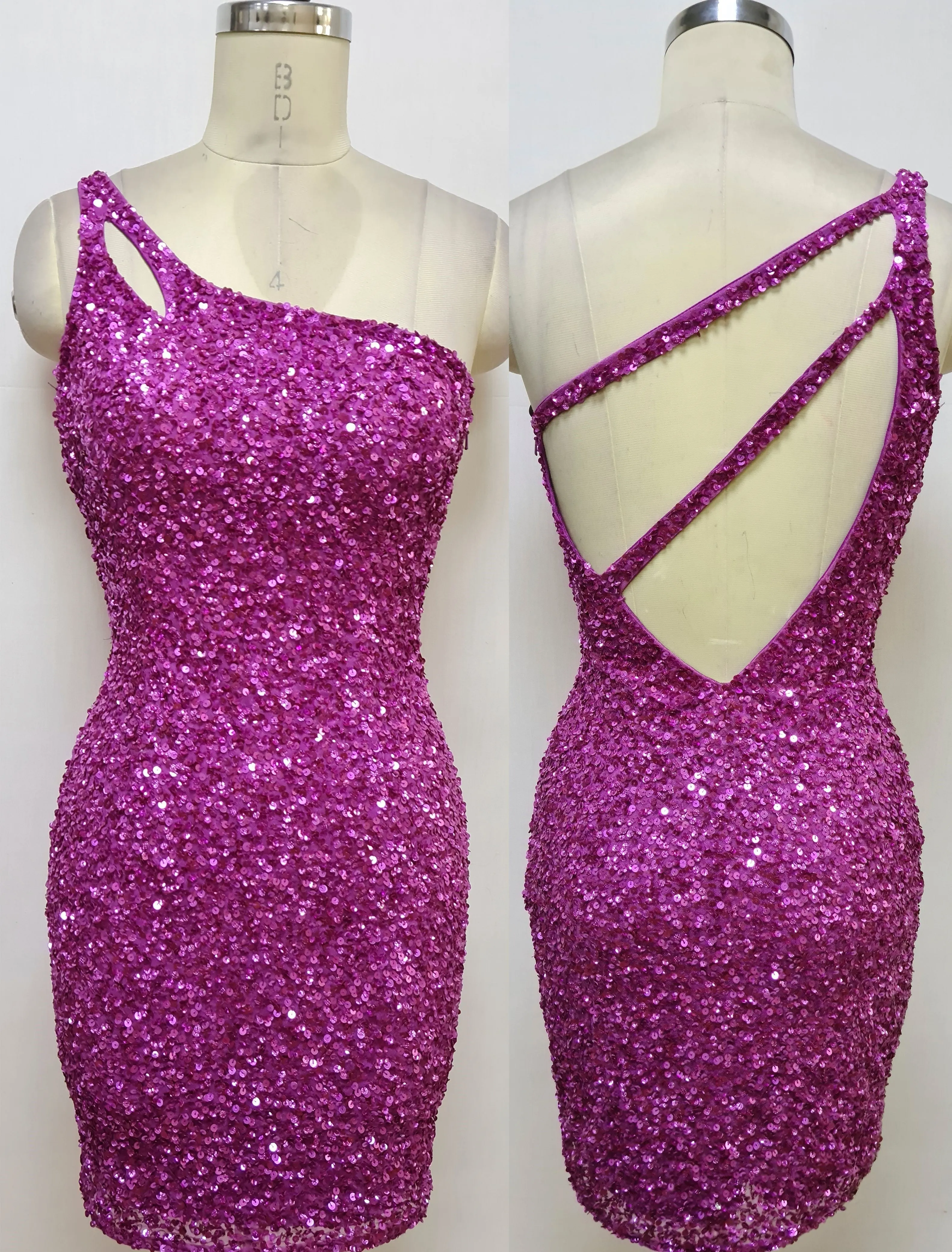 Primavera Couture 3573 Size 8 Neon Coral Cocktail Dress One Shoulder Double Strap Fitted Sequins Backless