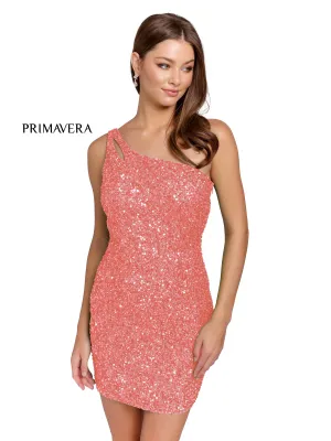 Primavera Couture 3573 Size 8 Neon Coral Cocktail Dress One Shoulder Double Strap Fitted Sequins Backless