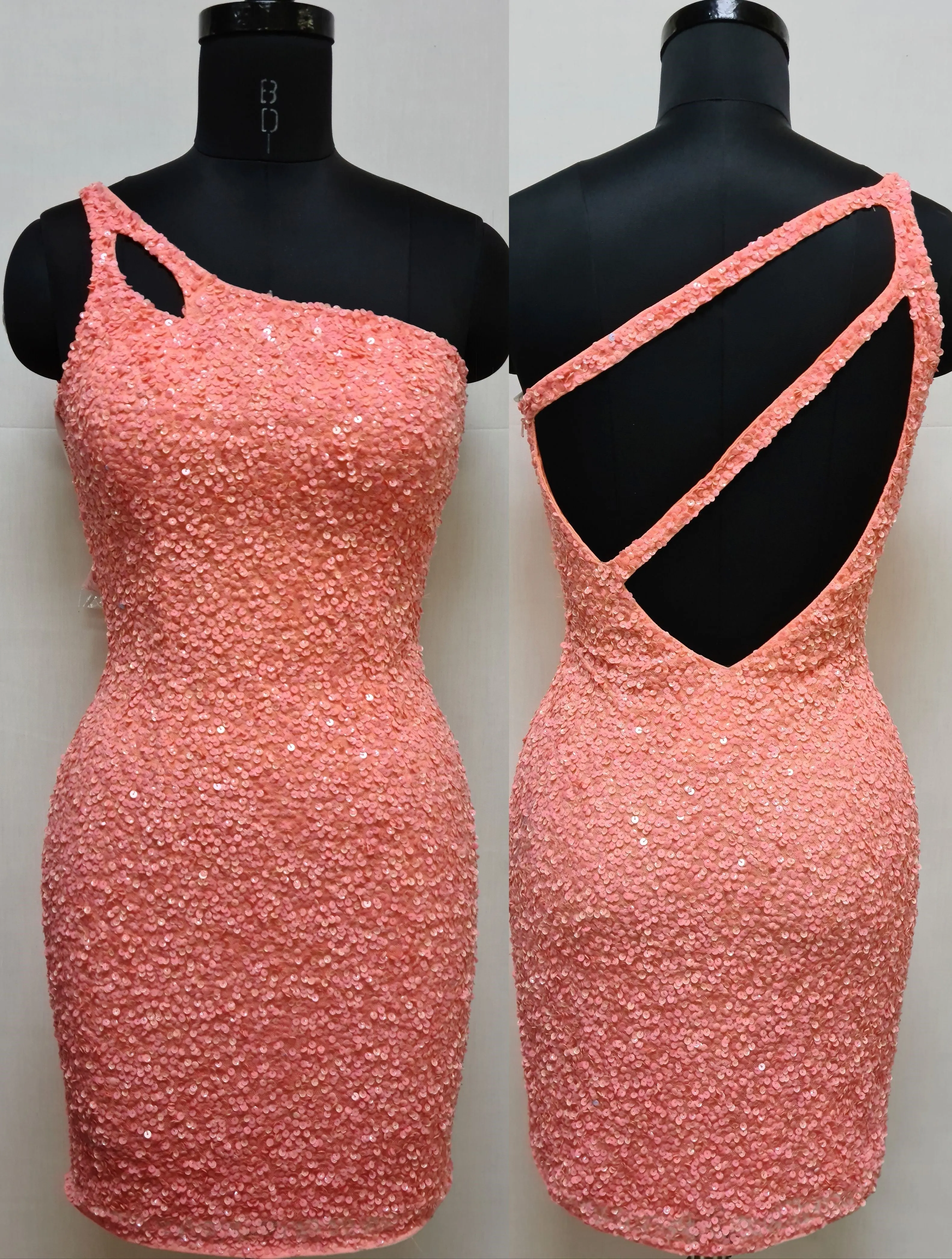 Primavera Couture 3573 Size 8 Neon Coral Cocktail Dress One Shoulder Double Strap Fitted Sequins Backless