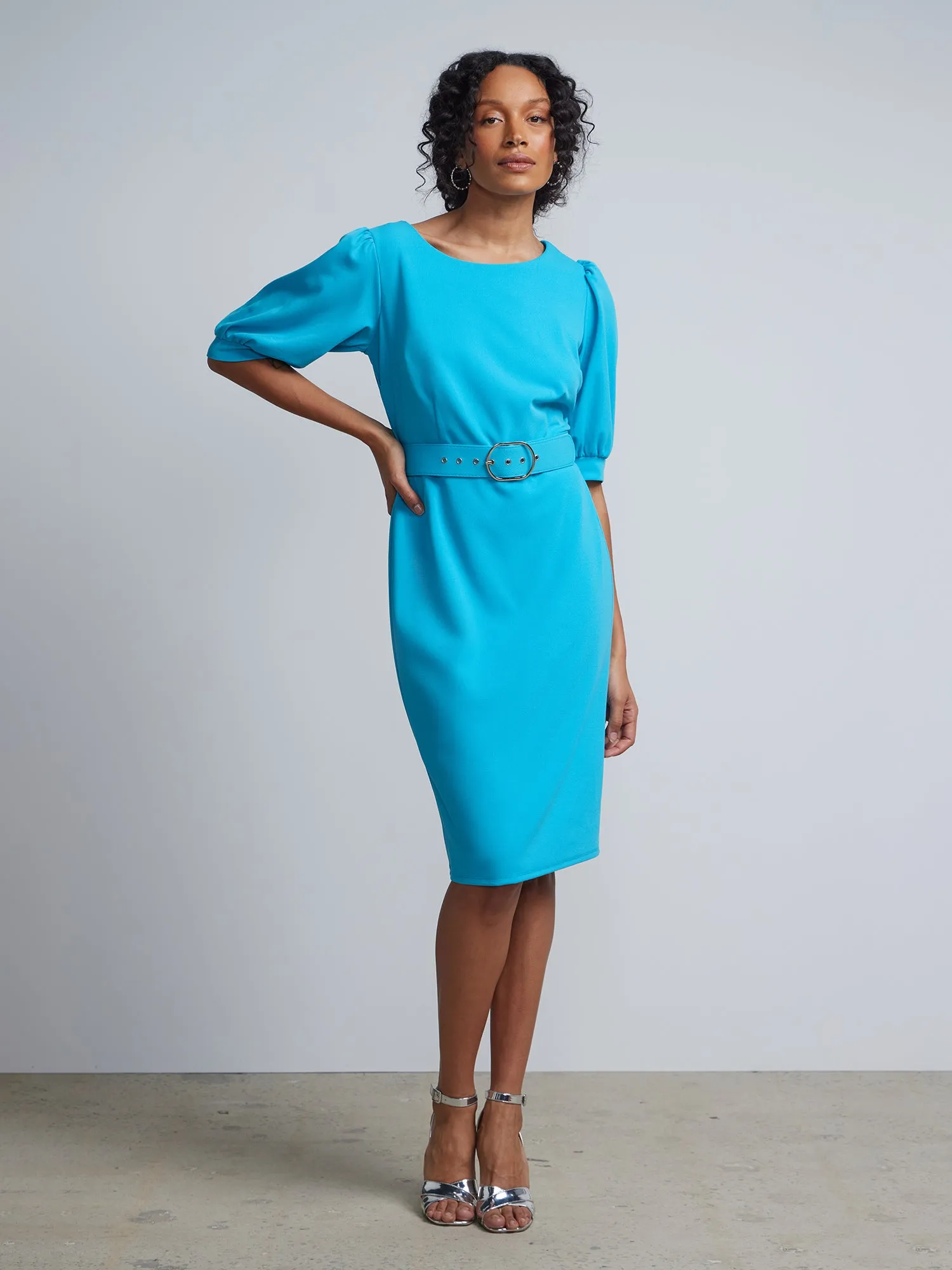 Puff-Sleeve Belted Sheath Dress - Magic Crepe®