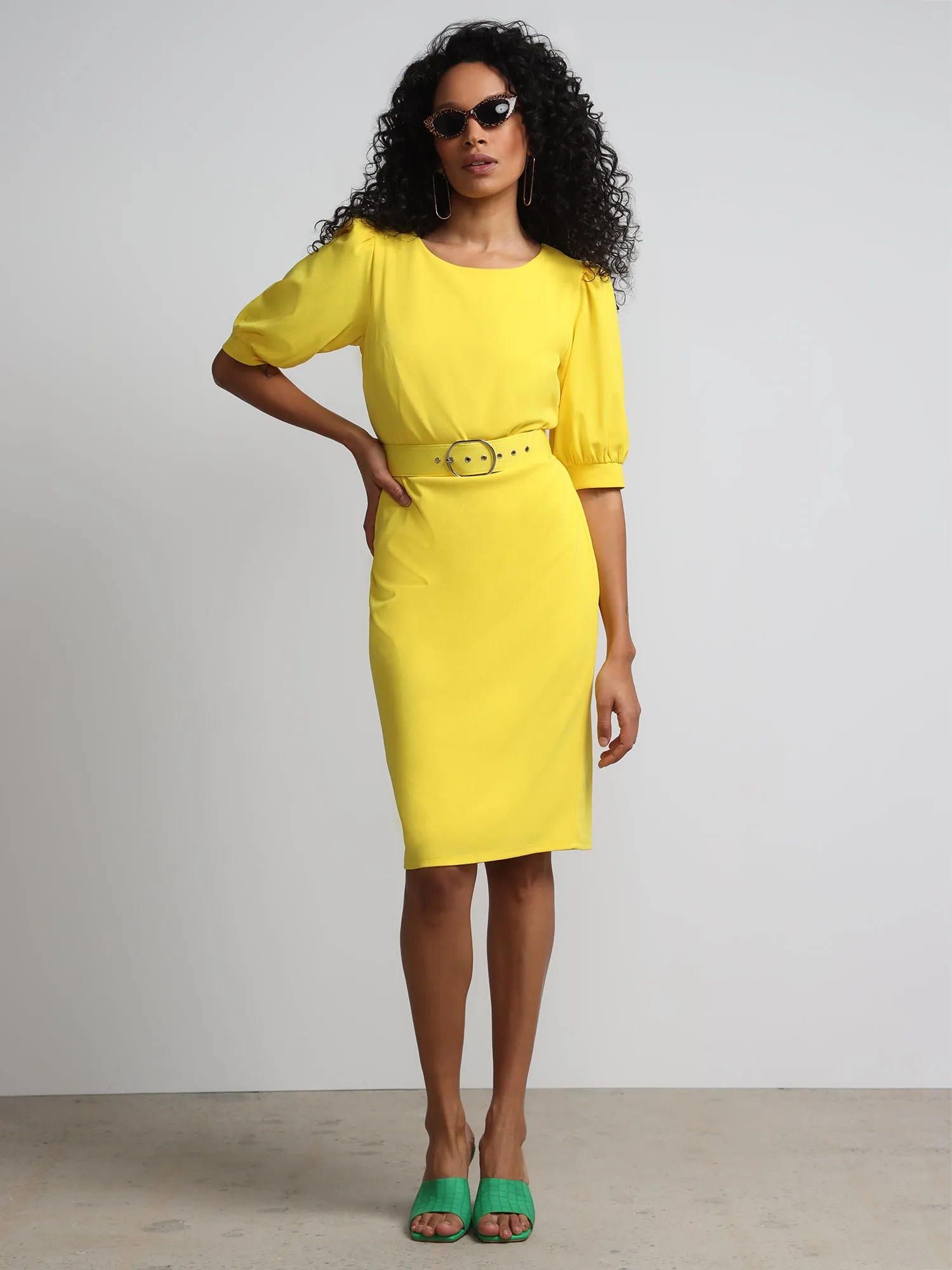 Puff-Sleeve Belted Sheath Dress - Magic Crepe®