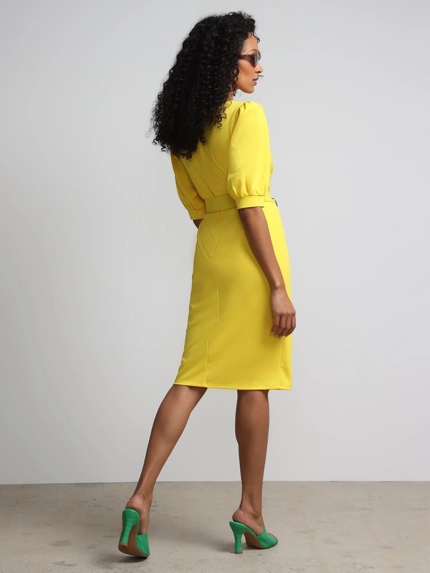 Puff-Sleeve Belted Sheath Dress - Magic Crepe®