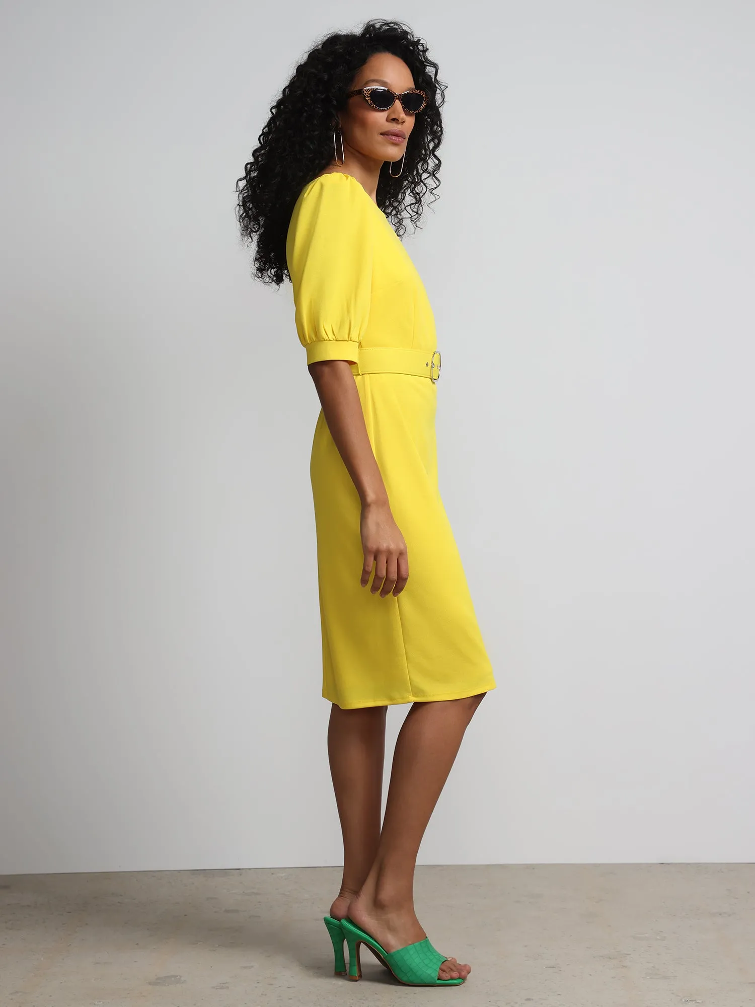 Puff-Sleeve Belted Sheath Dress - Magic Crepe®