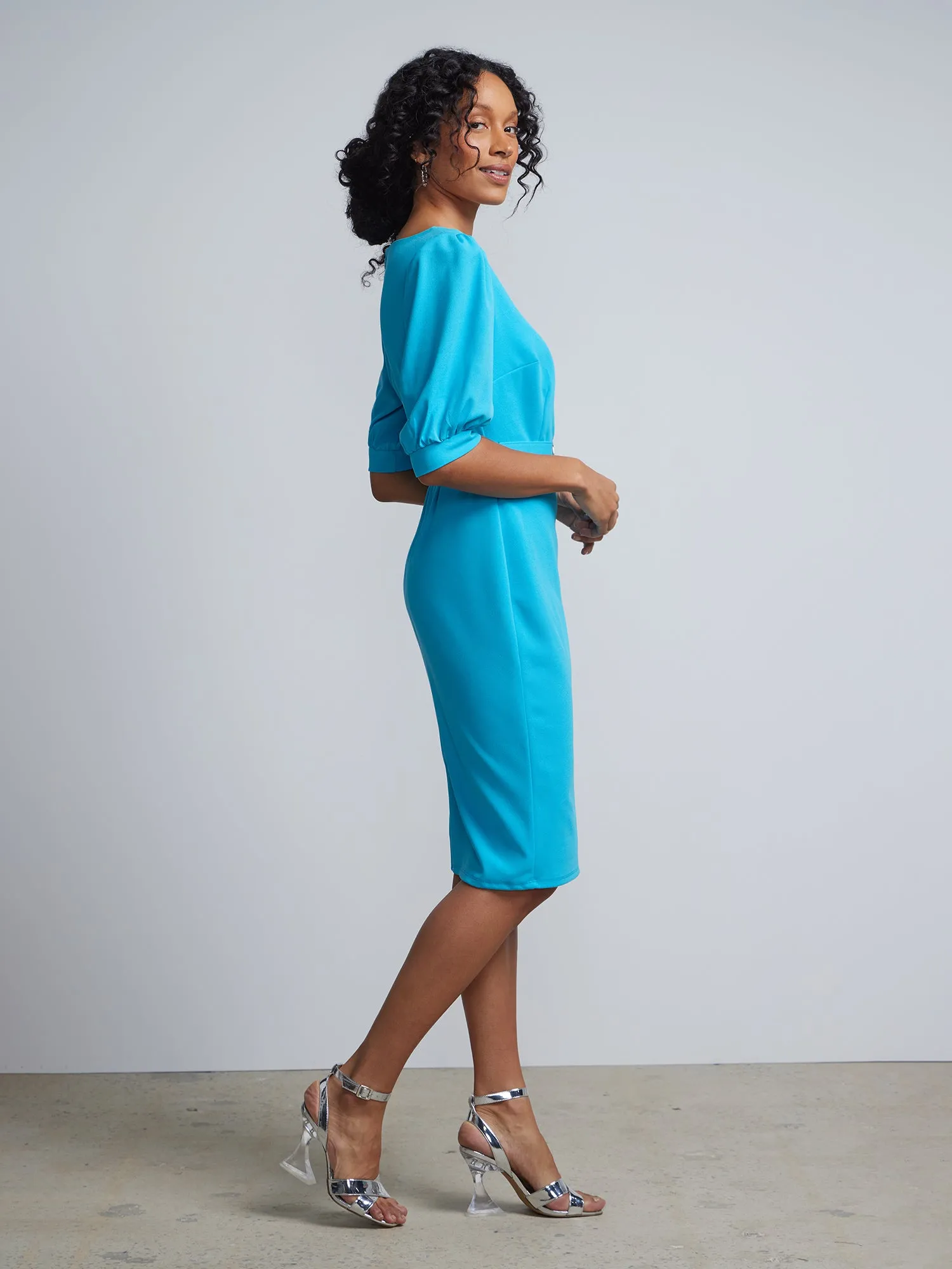 Puff-Sleeve Belted Sheath Dress - Magic Crepe®