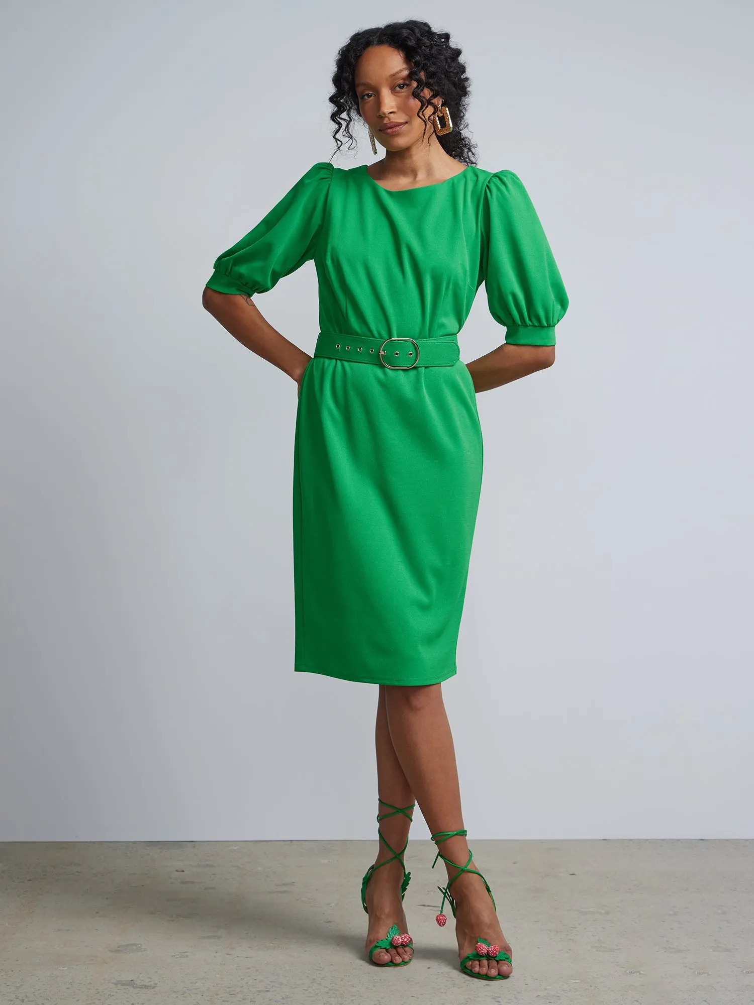 Puff-Sleeve Belted Sheath Dress - Magic Crepe®