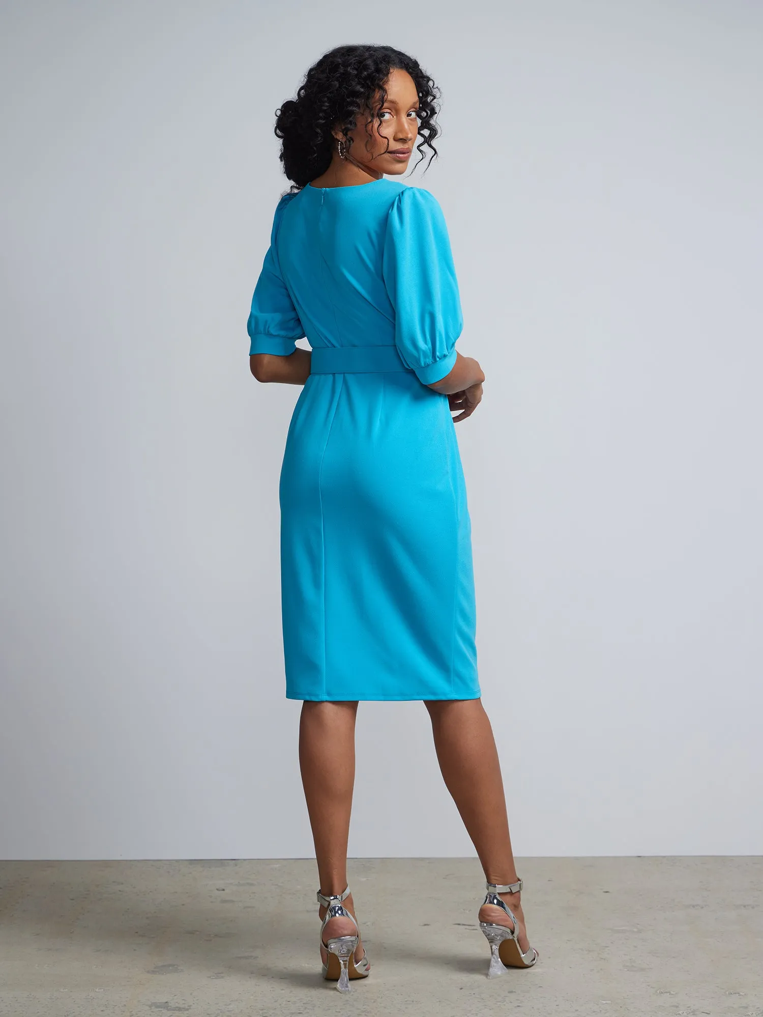 Puff-Sleeve Belted Sheath Dress - Magic Crepe®