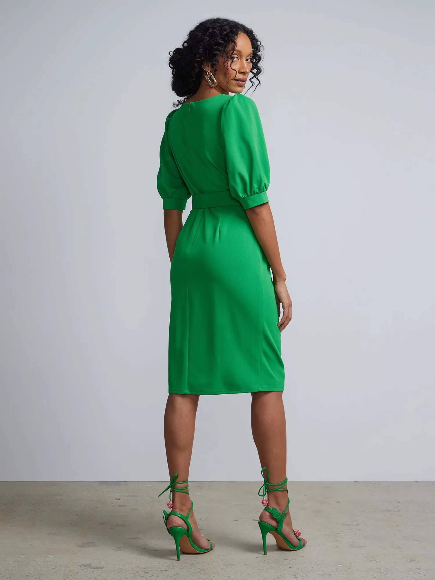 Puff-Sleeve Belted Sheath Dress - Magic Crepe®