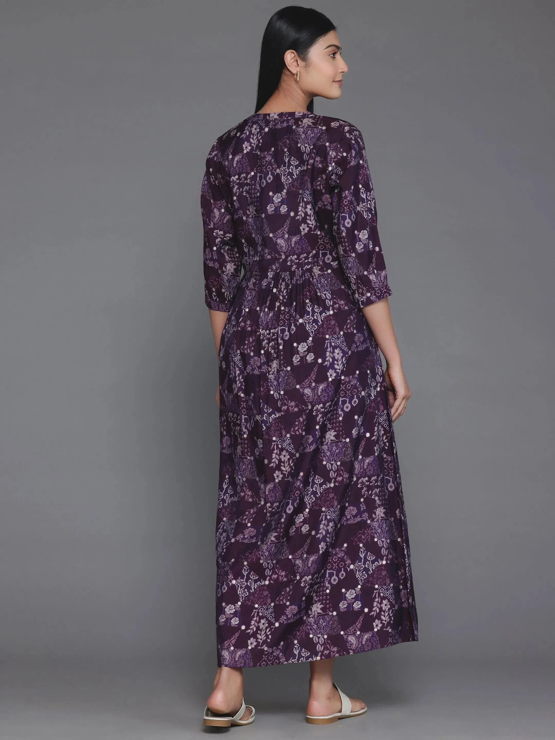 Purple Printed Silk Fit and Flare Dress