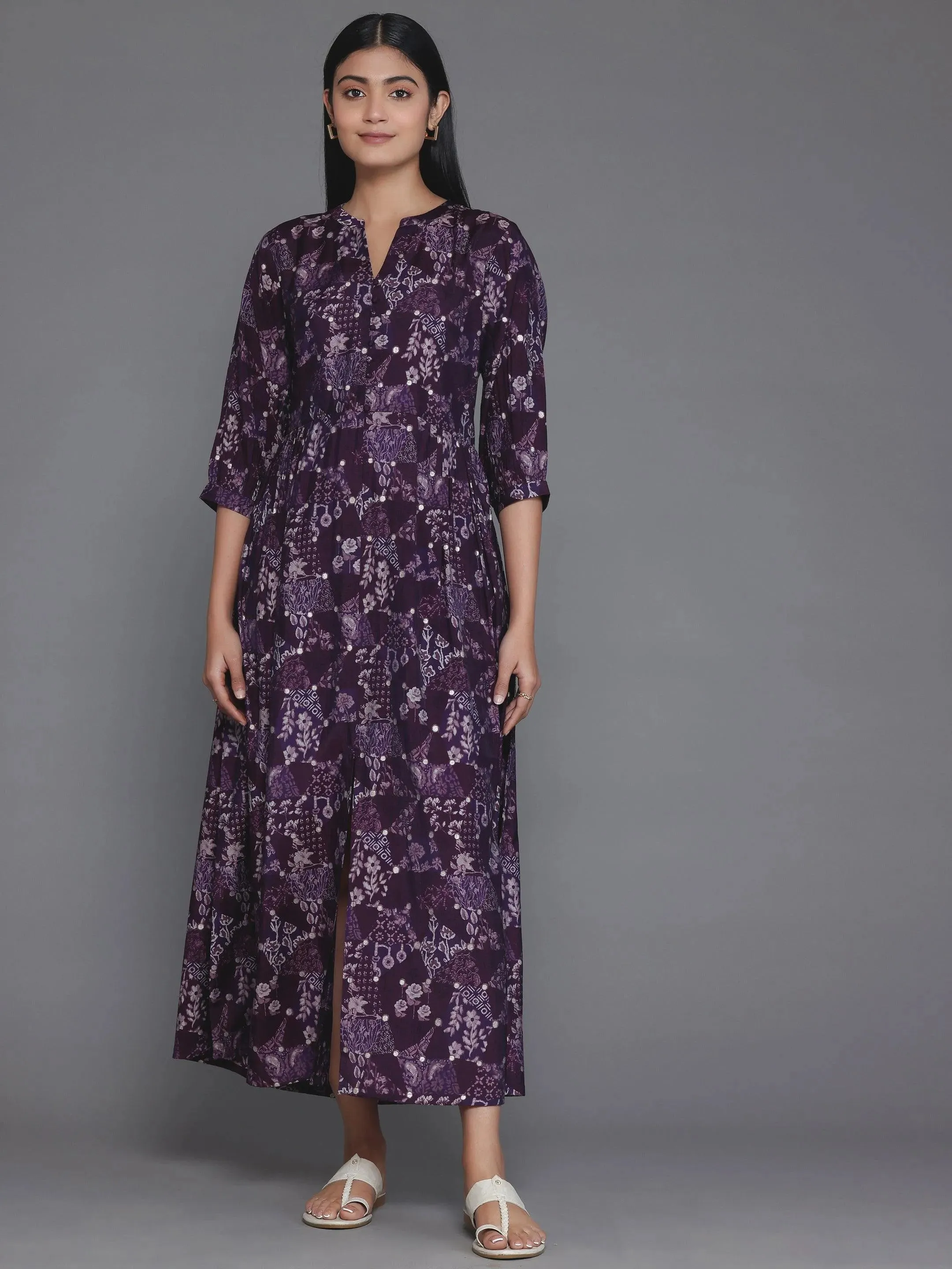 Purple Printed Silk Fit and Flare Dress